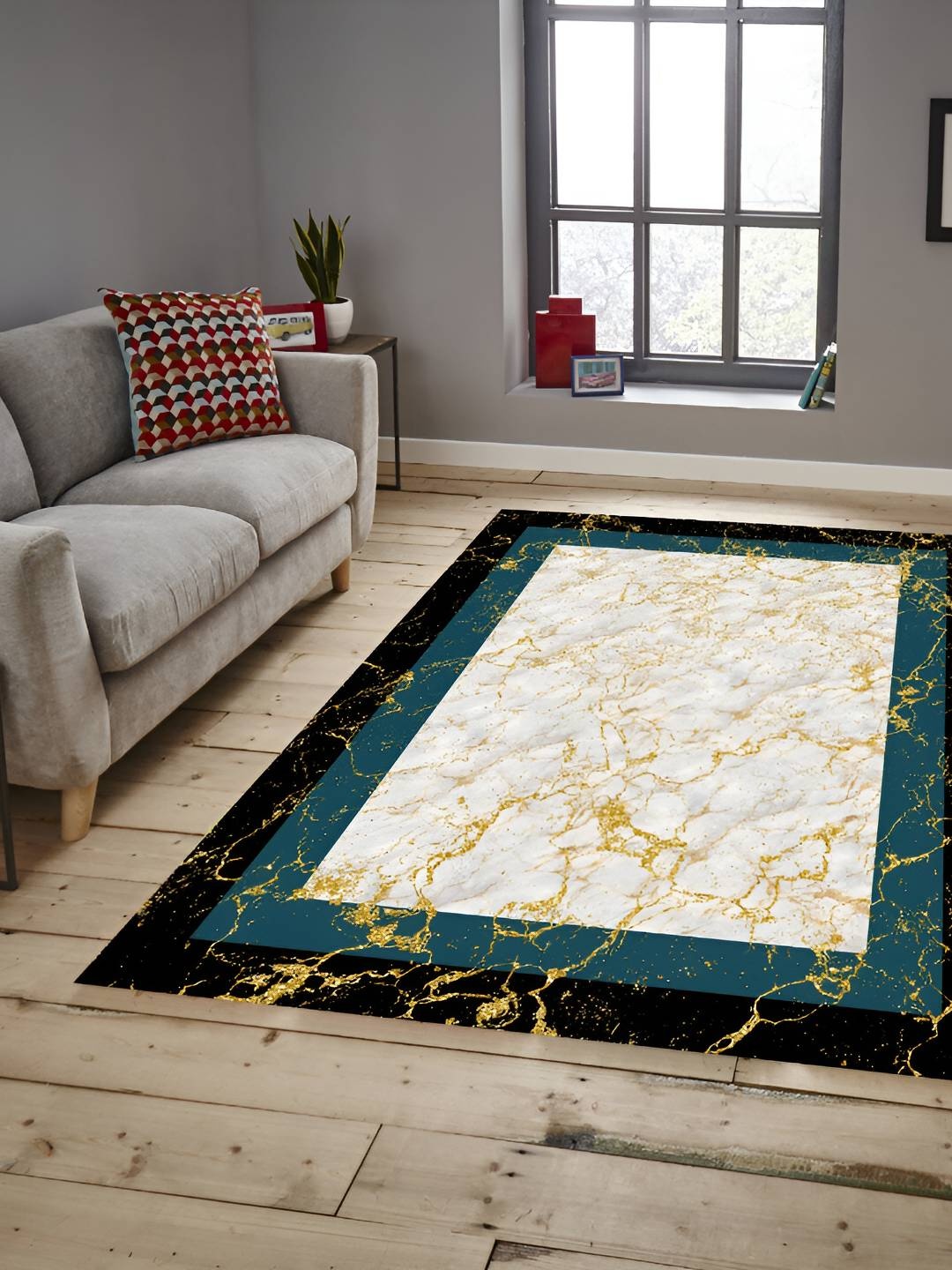 

Sparrow world White & Teal Green Bohemian Anti-Skid Rectangular Carpet