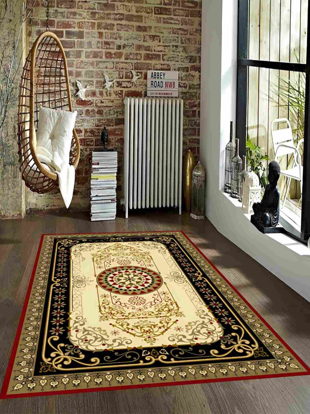

Sparrow world Brown & Red Bohemian Anti-Skid Rectangular Carpet, Black