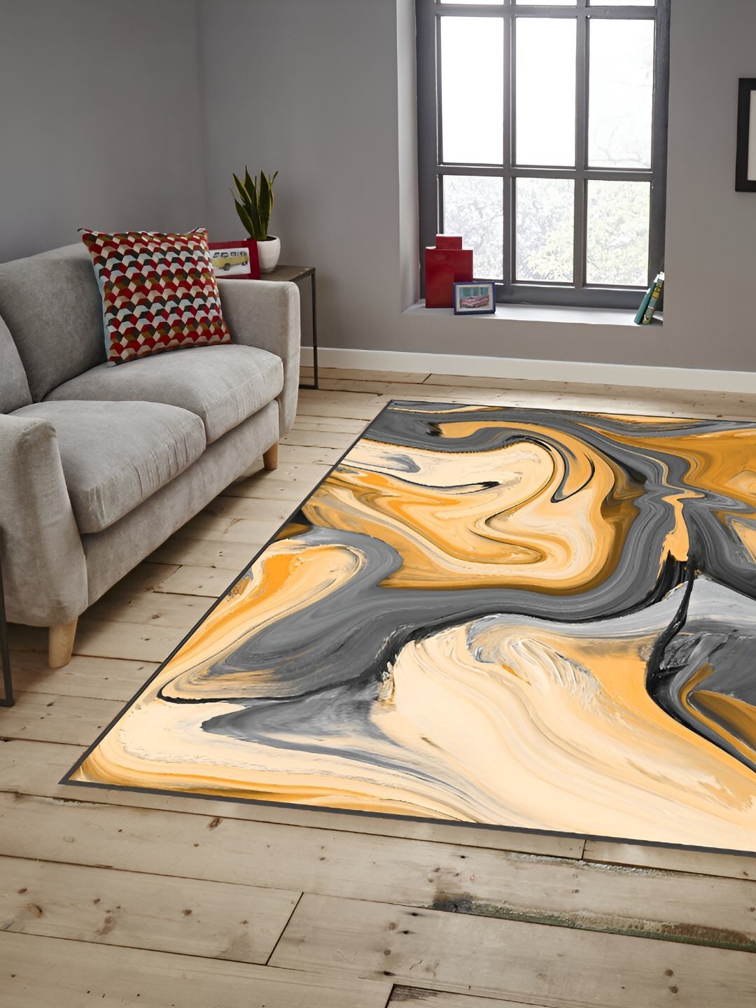 

Sparrow world Mustard & Grey Abstract Anti-Skid Rectangular Carpet