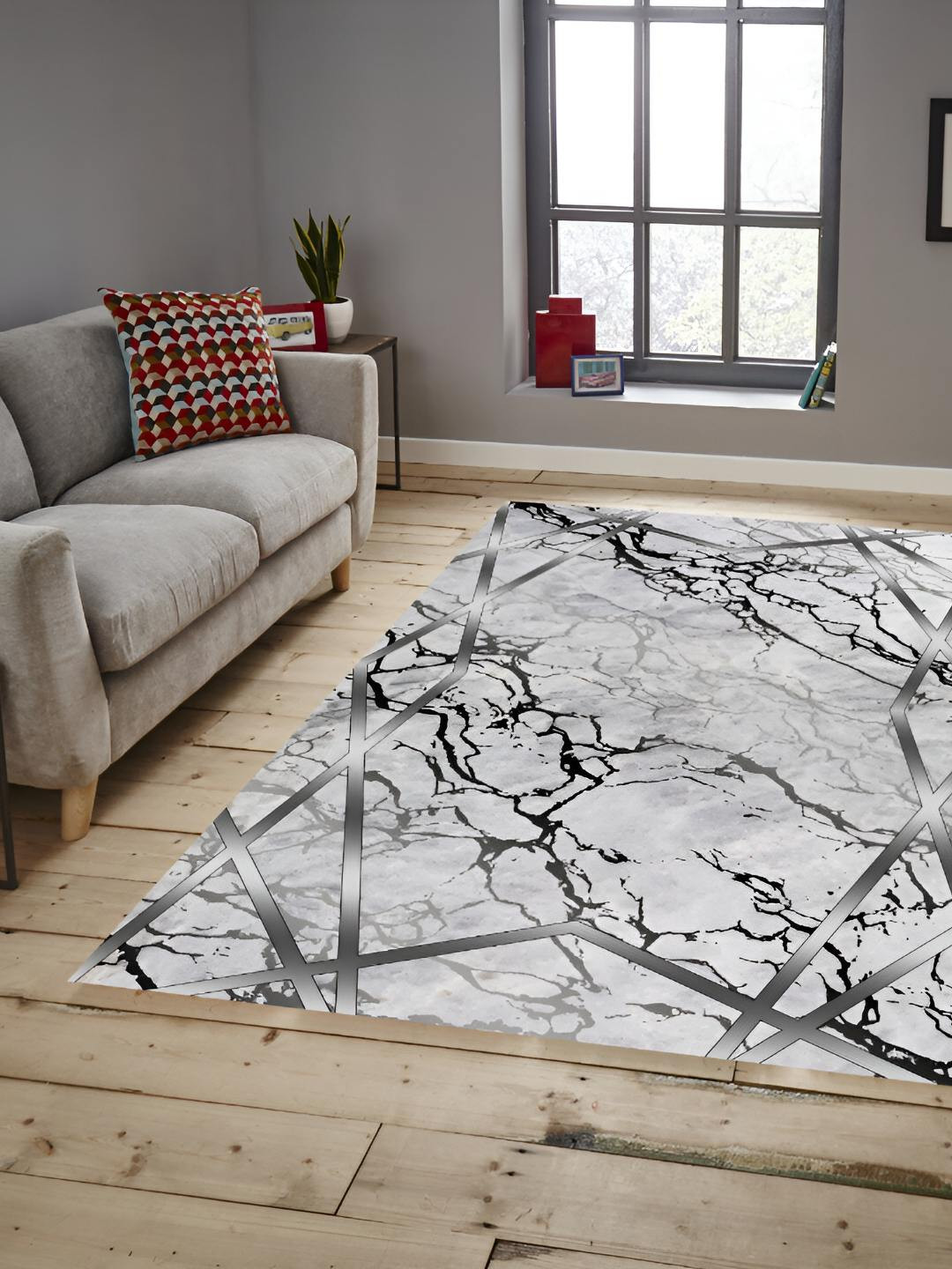 

Sparrow world Grey & White Abstract Anti-Skid Rectangular Carpet