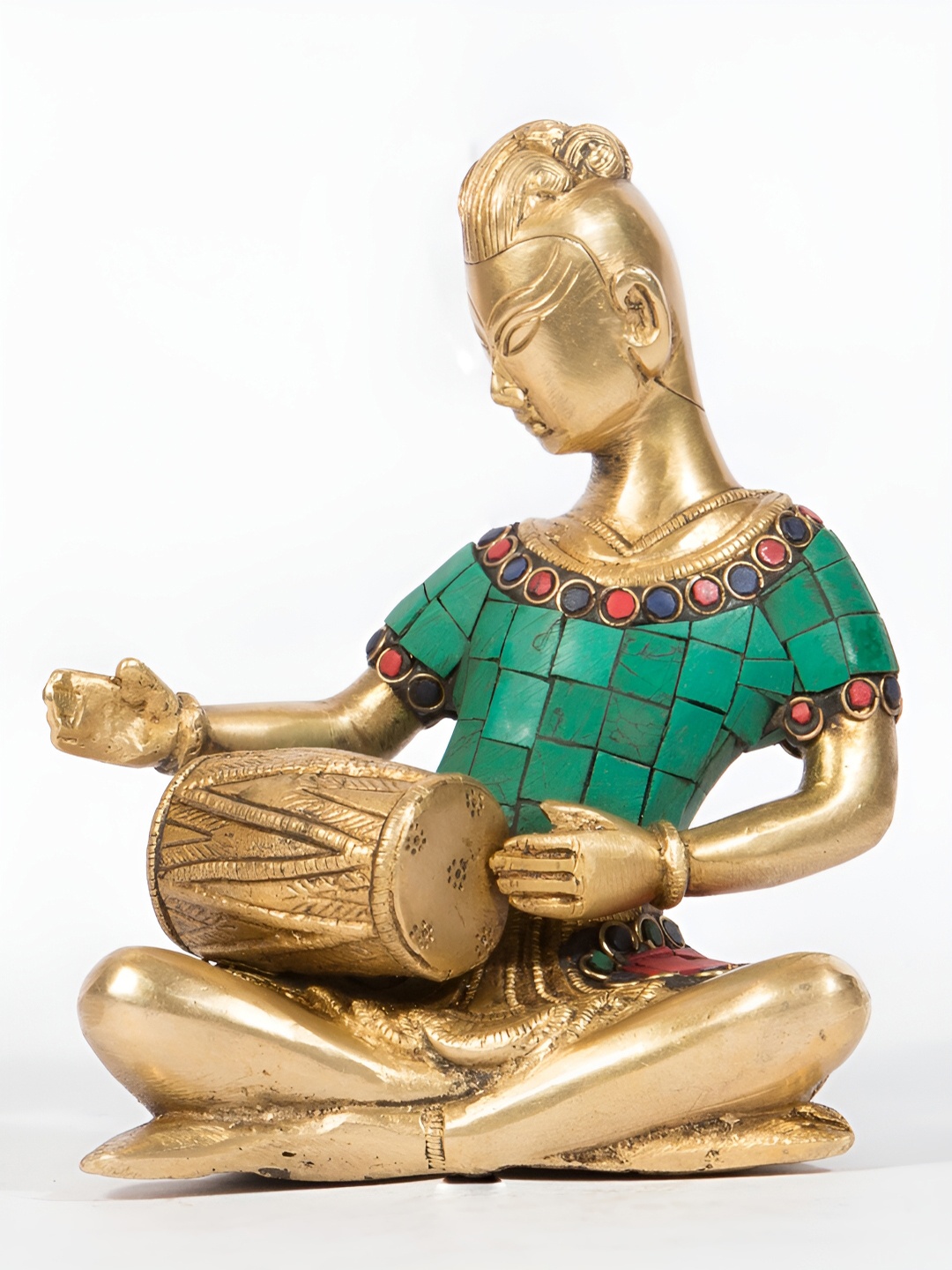 

Arihant Craft Bronze Toned & Green Brass musician playing Dholak Showpiece