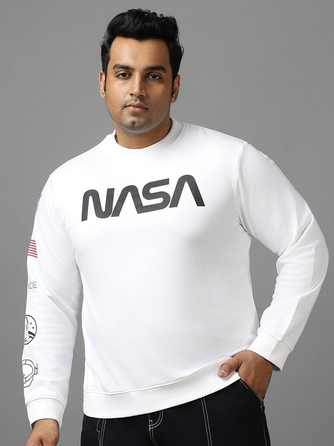 

Bewakoof Heavy Duty 1.0 Men Nasa Badge Graphic Printed Plus Size Sweatshirt, White