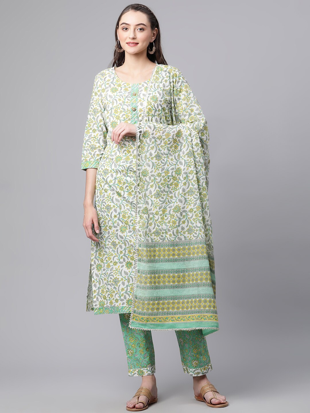 

KALINI Floral Printed Pure Cotton Kurta With Trousers & Dupatta, White