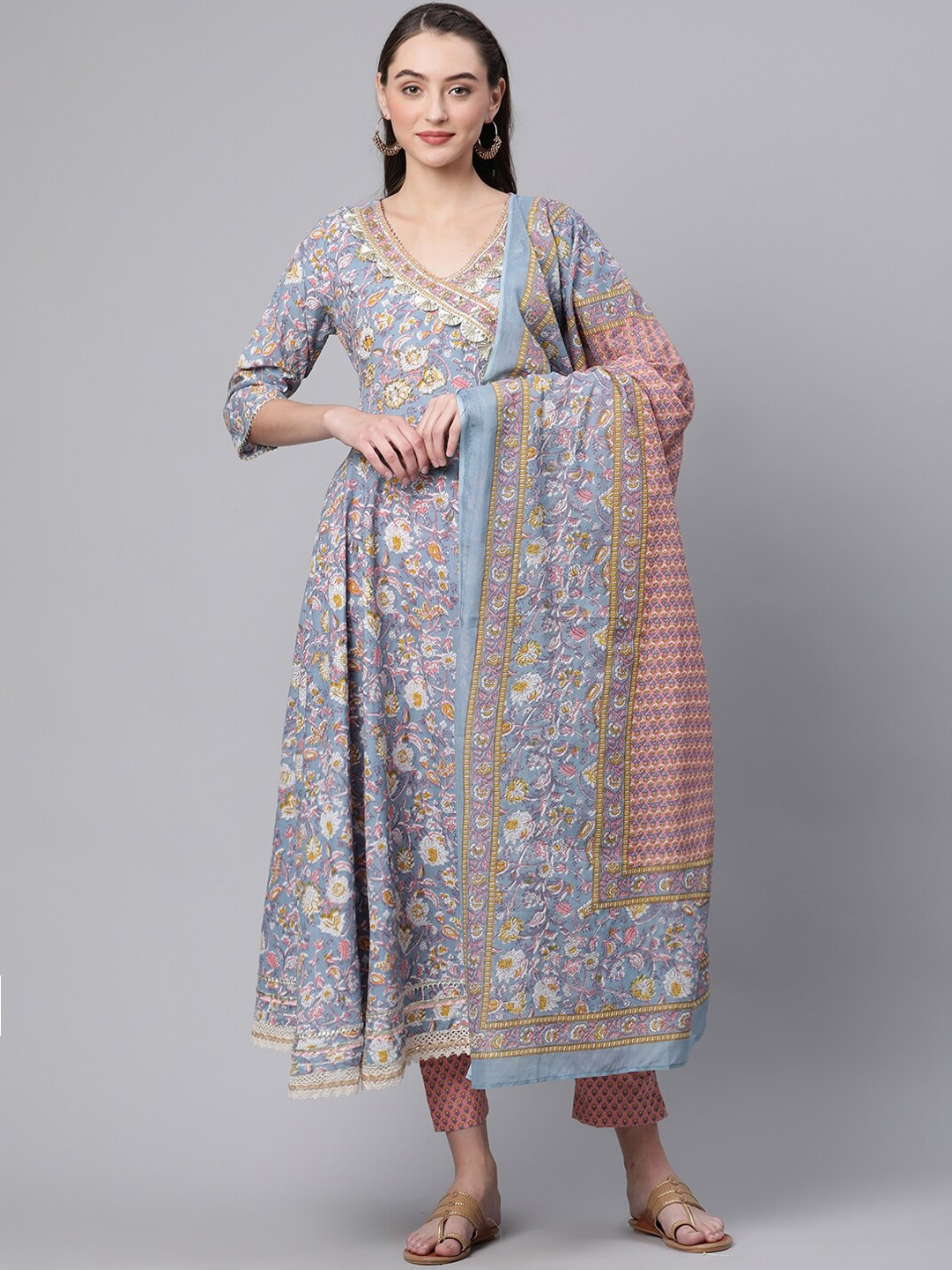 

KALINI Floral Printed Angrakha Gotta Patti Pure Cotton Kurta With Trousers & Dupatta, Blue