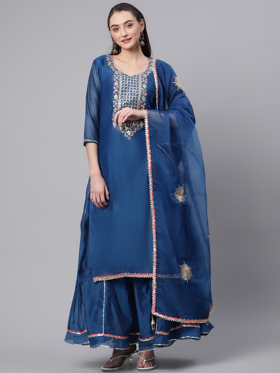 

KALINI Floral Yoke Design Regular Gotta Patti Kurta with Skirt & With Dupatta, Blue