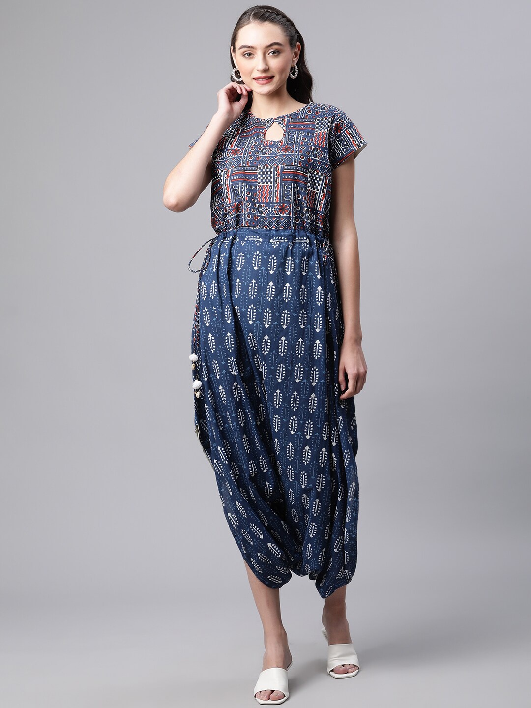 

KALINI Blue Printed Dhoti Styled Cotton Basic Jumpsuit