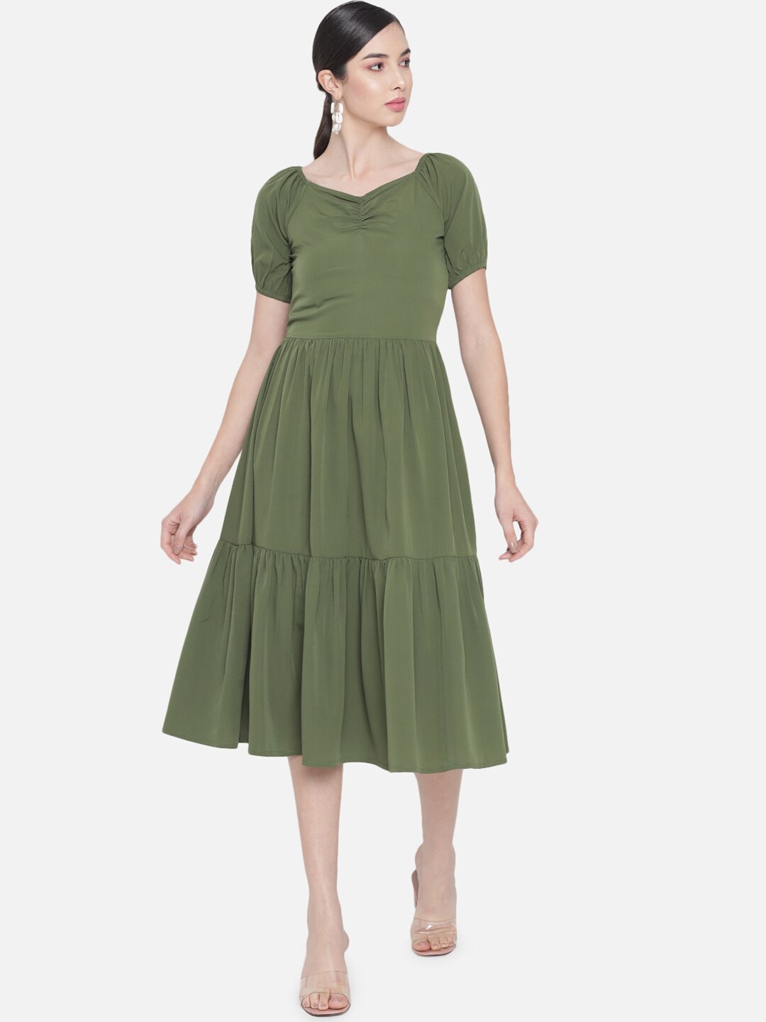

BAESD Puff Sleeves Gathered A-Line Midi Dress, Green