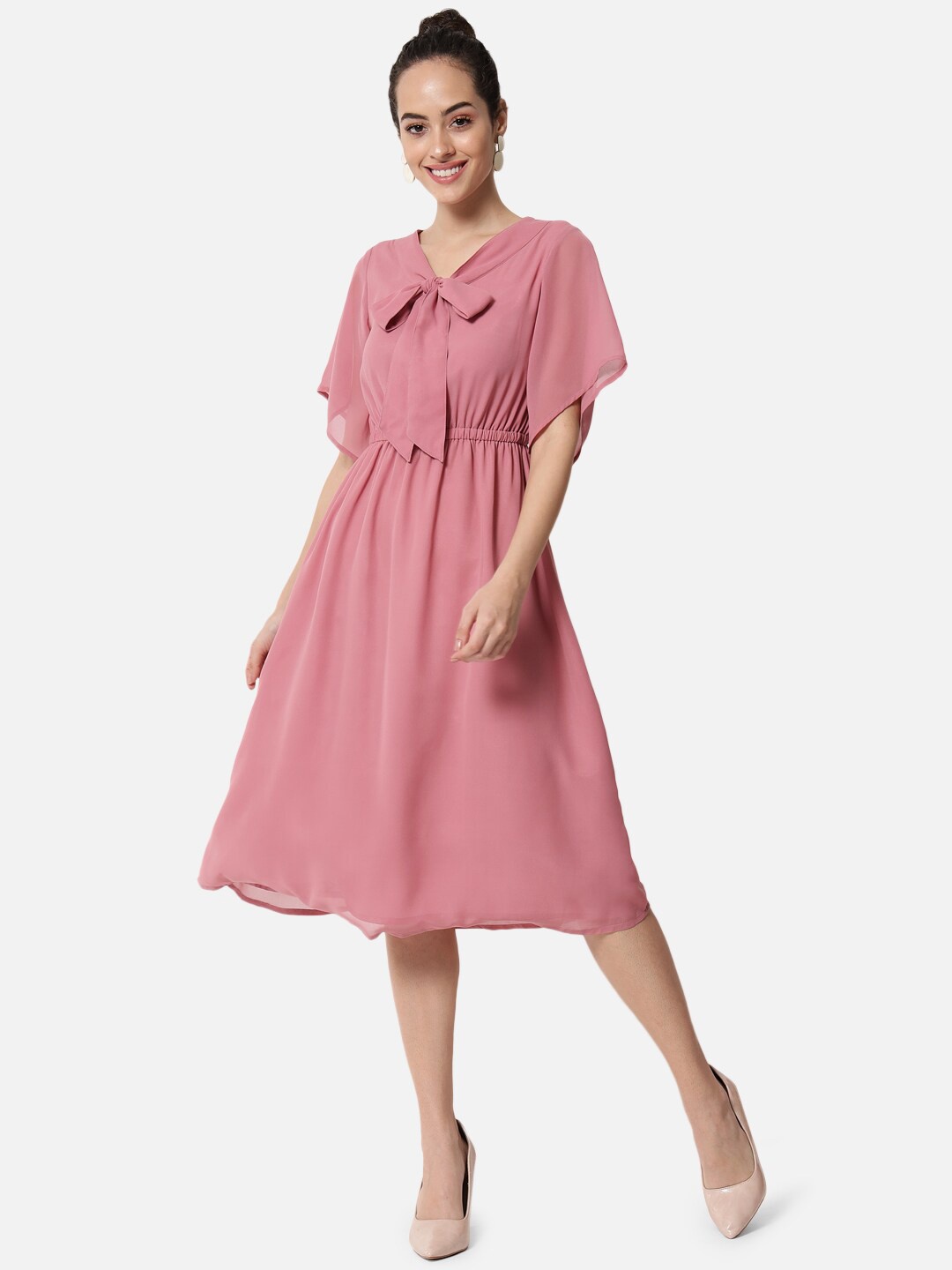 

BAESD Tie-Up Neck Flared Sleeve A-Line Midi Dress, Pink