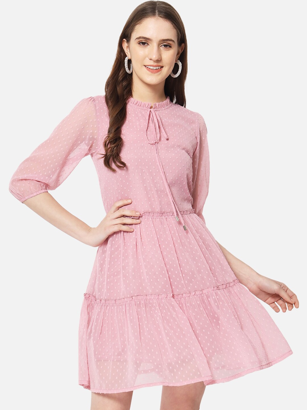 

BAESD Self Design Tie-Up Neck Puff Sleeves Pleated Fit & Flare Dress, Pink