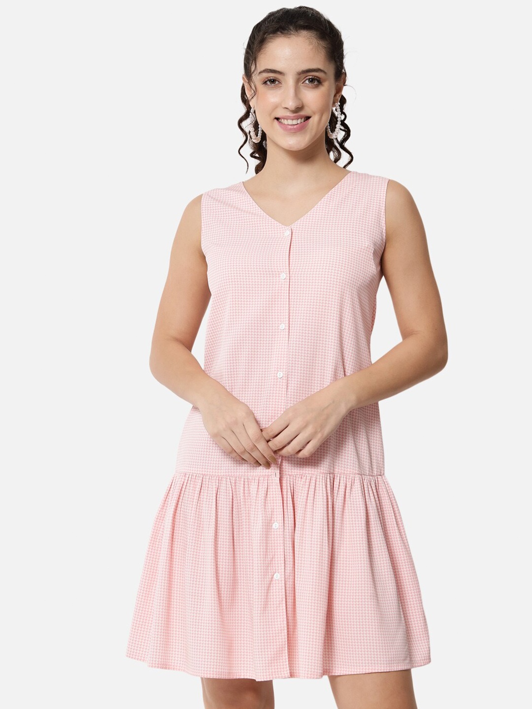 

BAESD Geometric Printed V-Neck Drop-Waist Dress, Pink