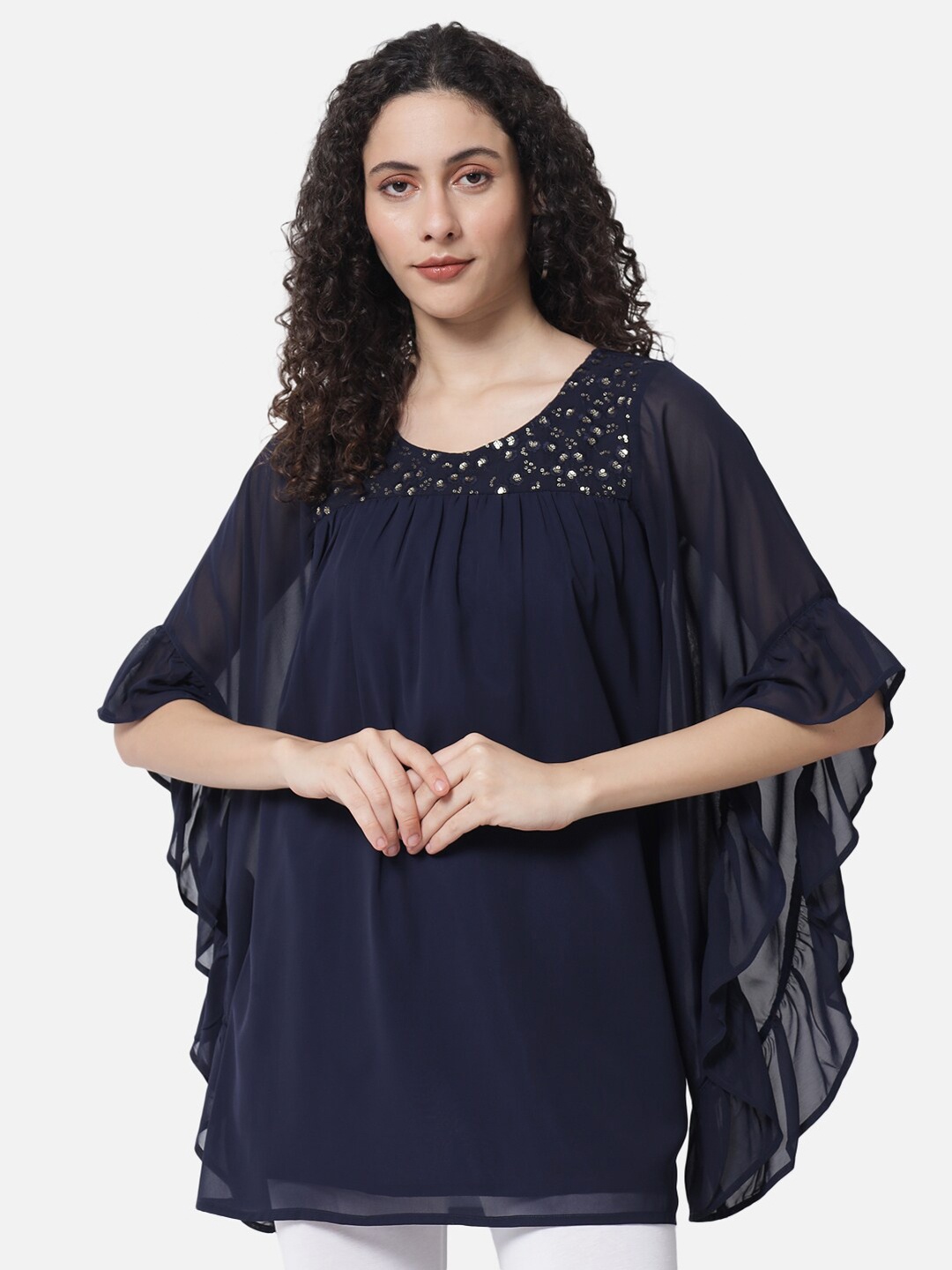 

BAESD Embroidered Detail A-Line Top, Navy blue