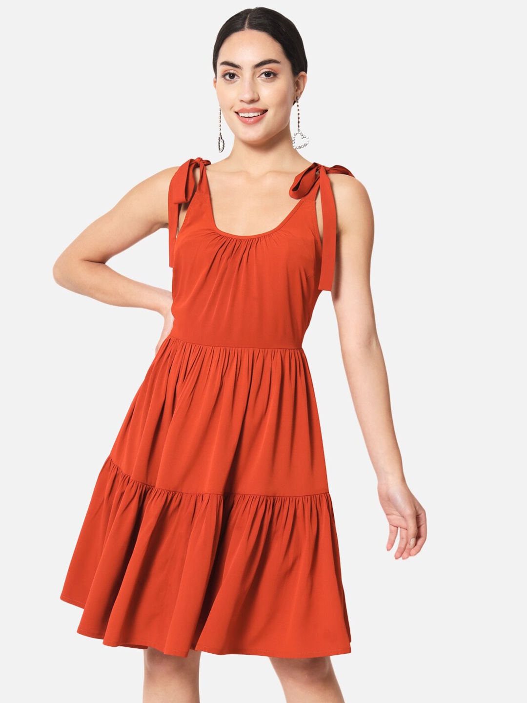 

BAESD Shoulder Straps Gathered Detail Fit and Flare Dress, Rust