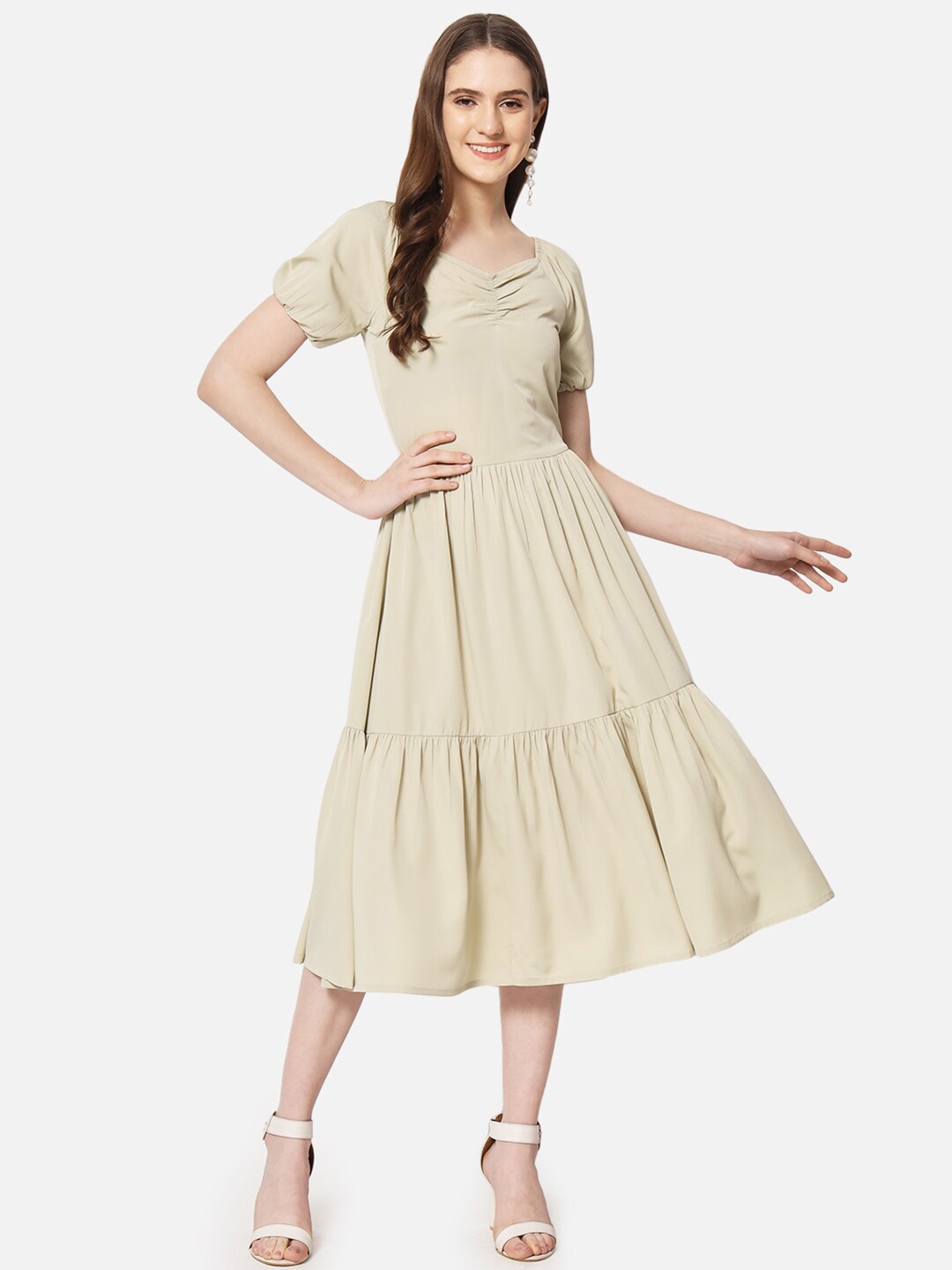 

BAESD V-Neck Puff Sleeve Gathered Detail Fit and Flare Dress, Beige