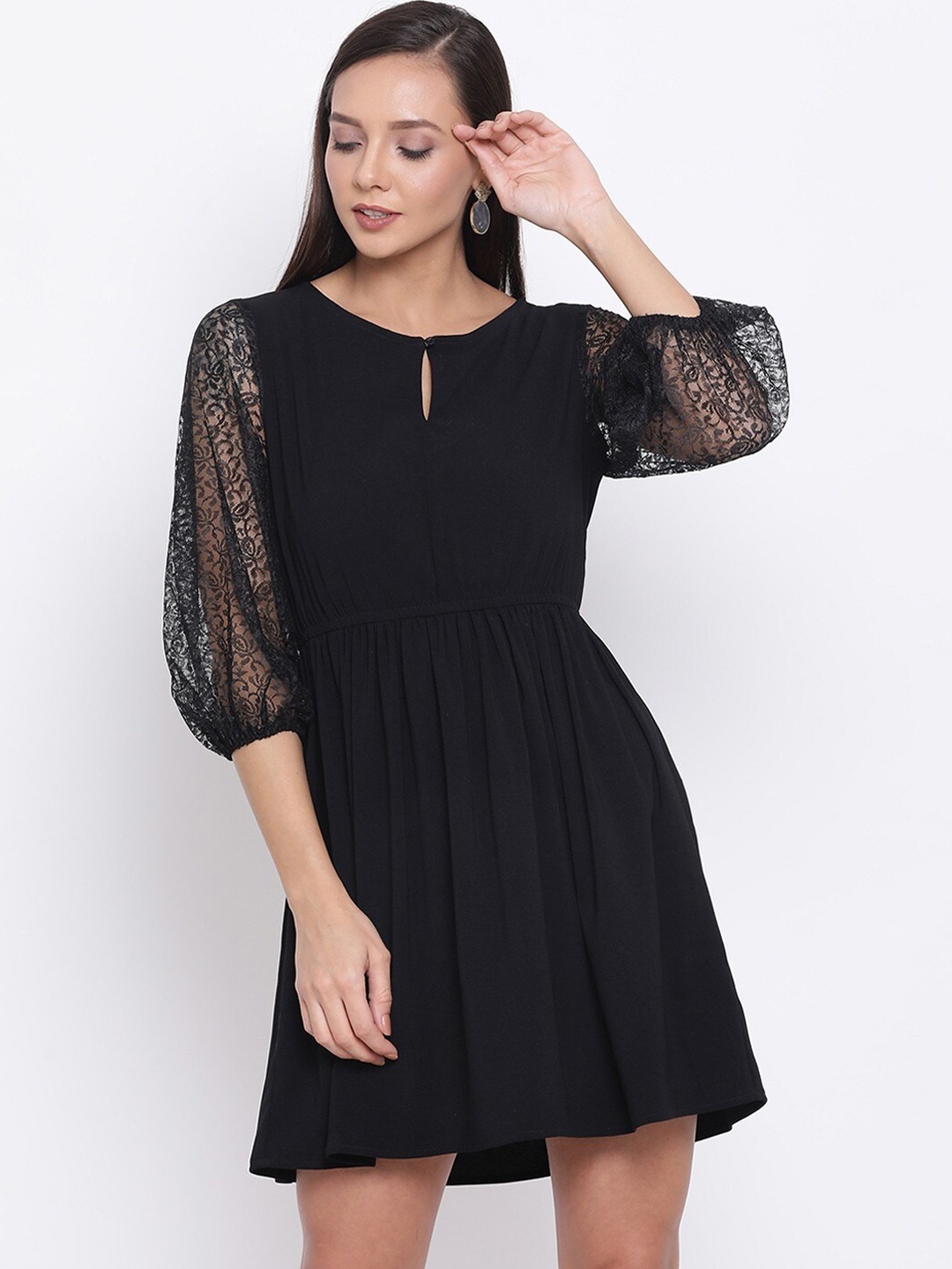 

BAESD Keyhole Neck Puff Sleeves Fit & Flare Dress, Black