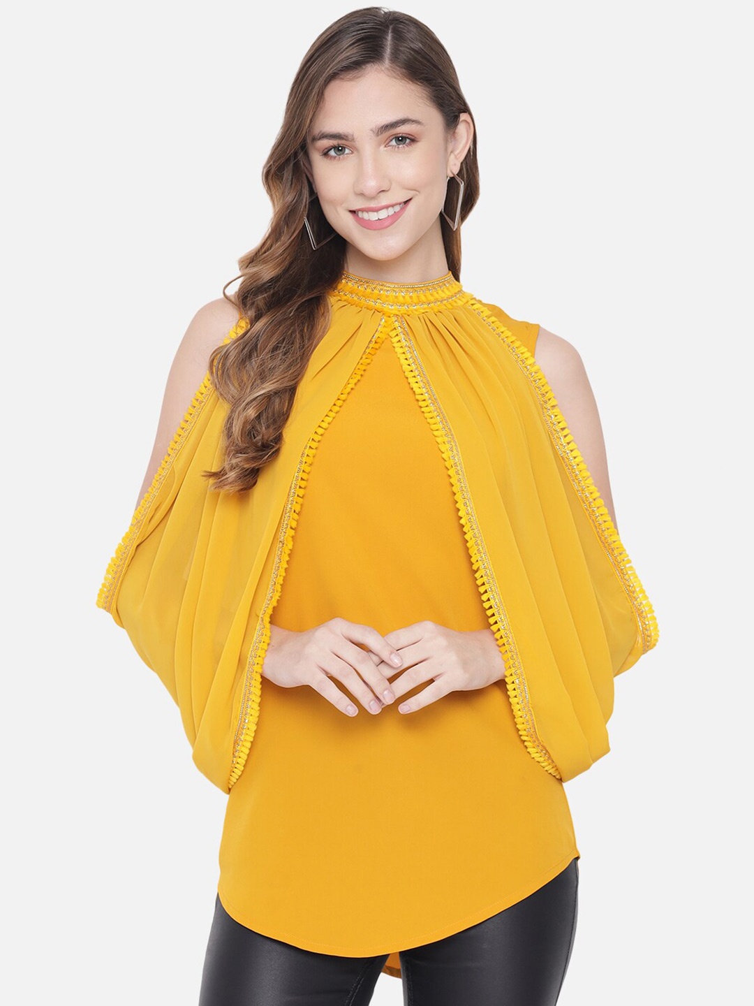 

BAESD High Neck Cold-Shoulder Sleeves Lace Inserts Tunic, Yellow