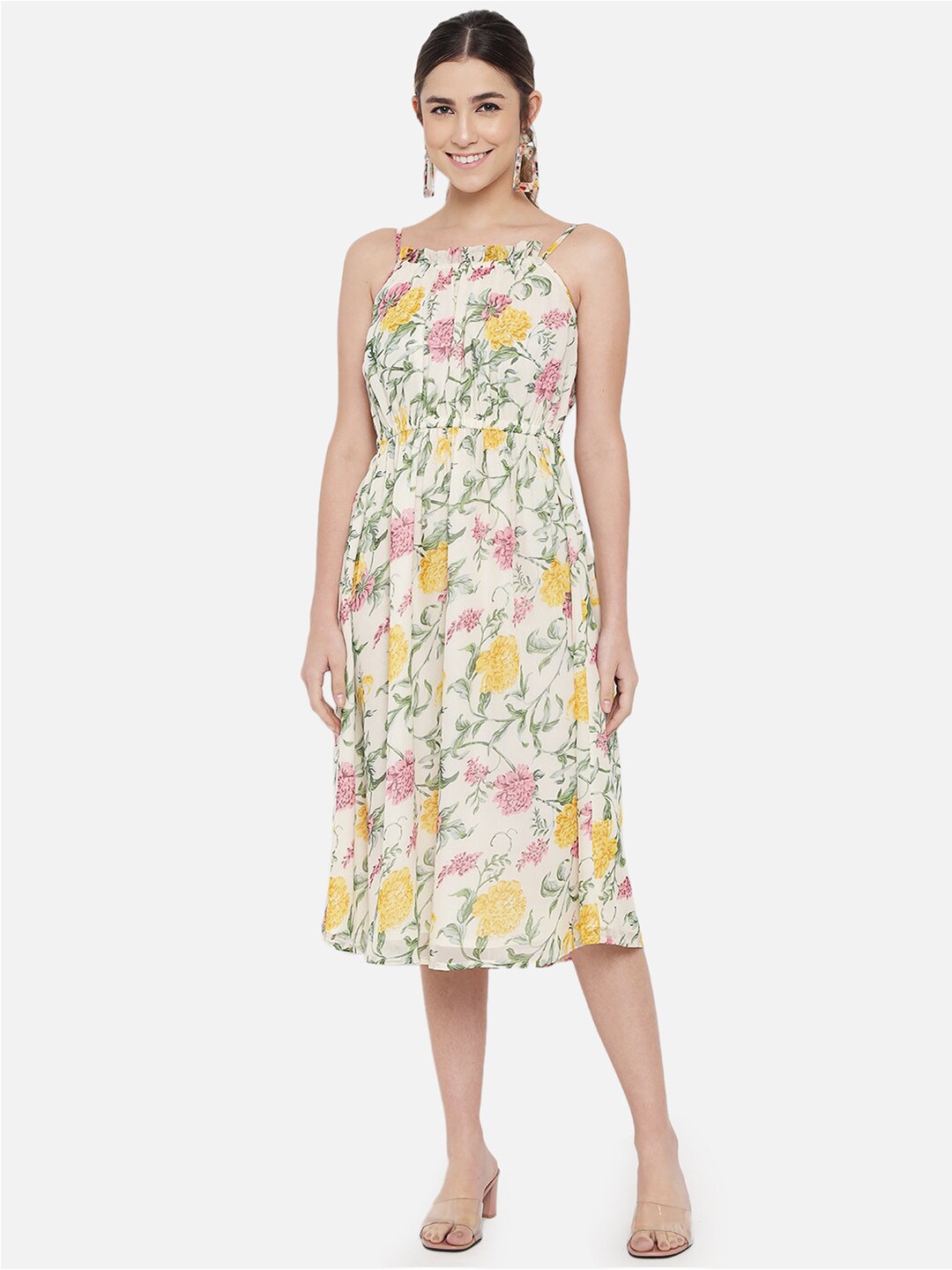 BAESD Floral Printed Shoulder Straps Georgette Fit & Flare Midi Dress, Off white