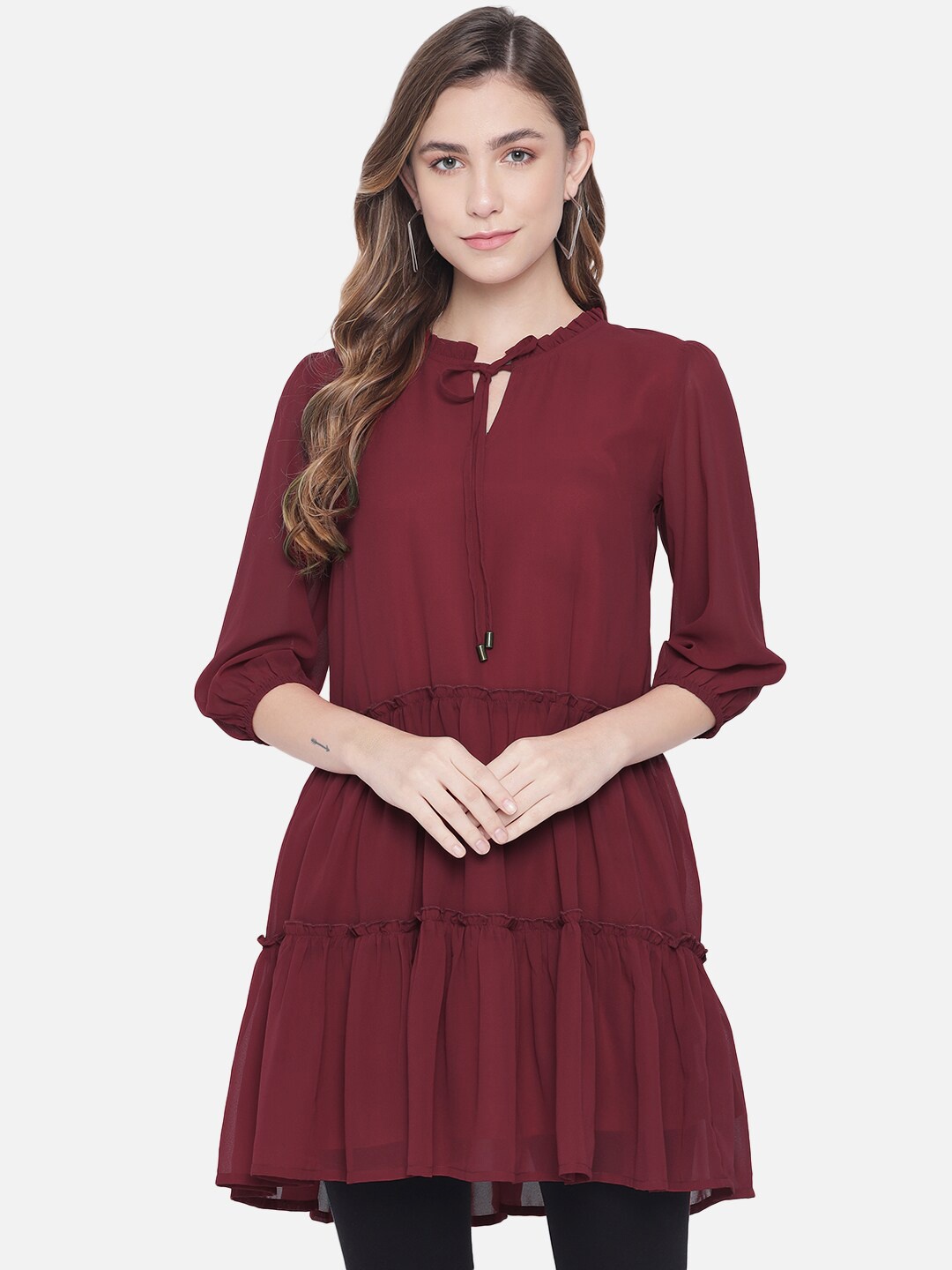 

BAESD Tie-Up Neck Puff Sleeves Gathered Tiered Georgette Tunic, Red