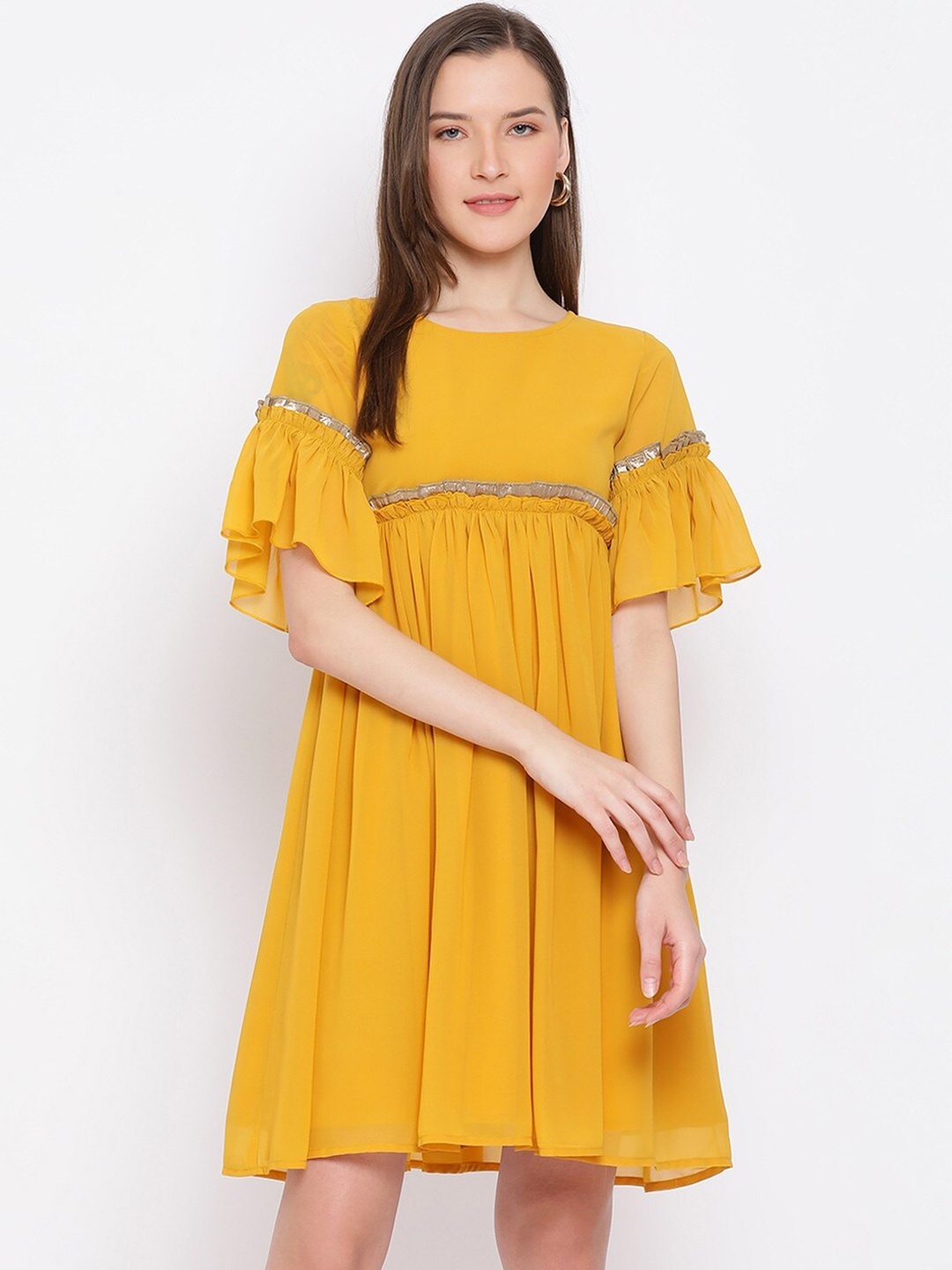 

BAESD Bell Sleeves Gathered or Pleated Georgette Empire Dress, Yellow