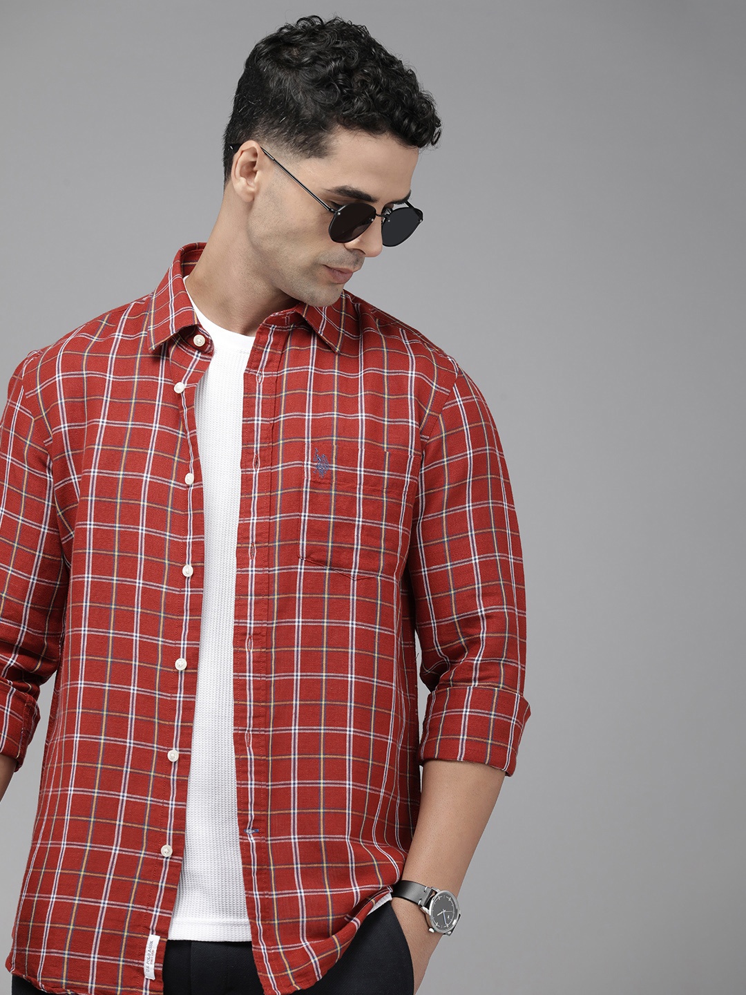 

U.S. Polo Assn. Linen Cotton Checked Tailored Fit Shirt, Red