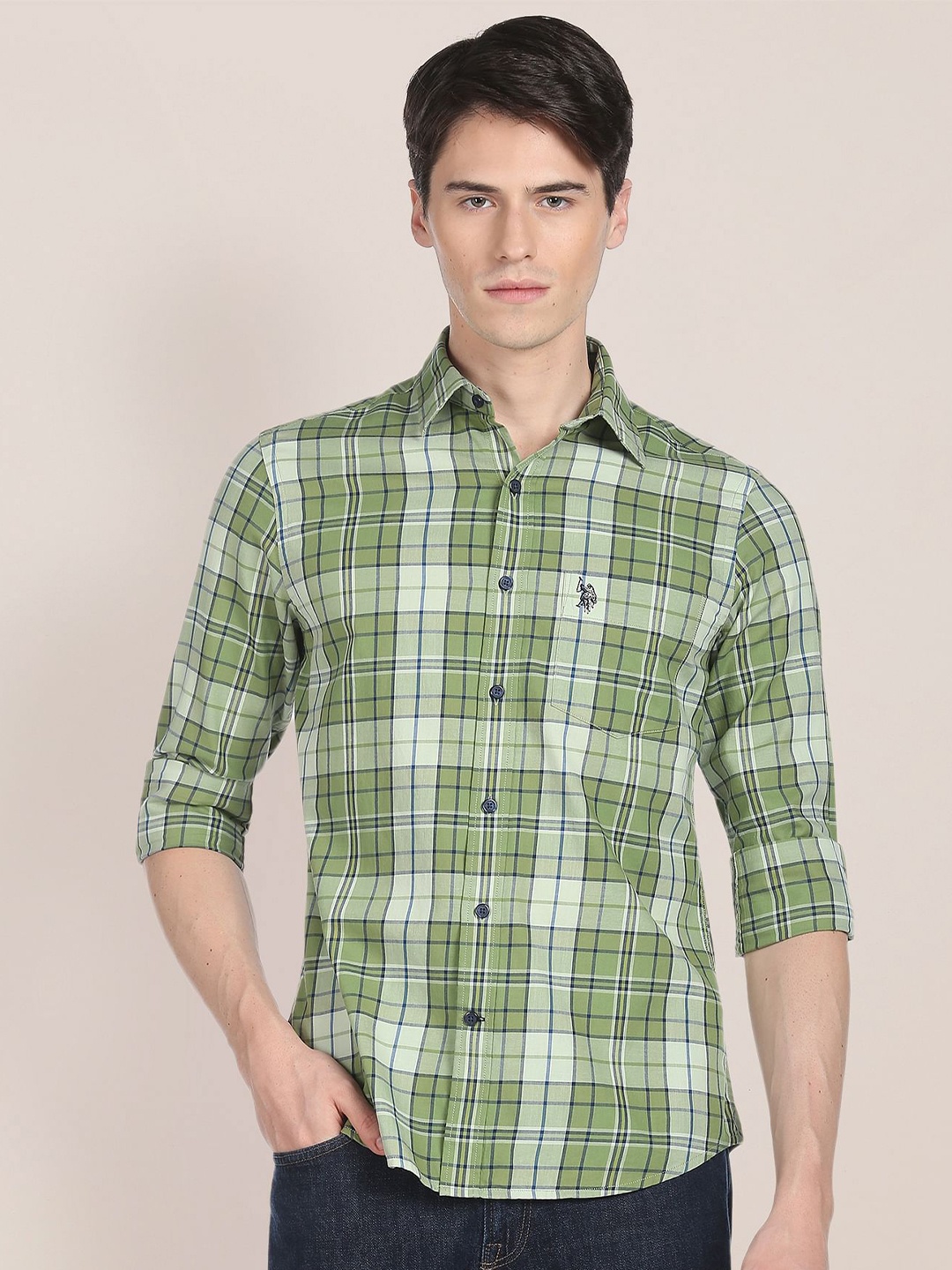 

U.S. Polo Assn. Men Tartan Checks Checked Pure Cotton Casual Shirt, Green