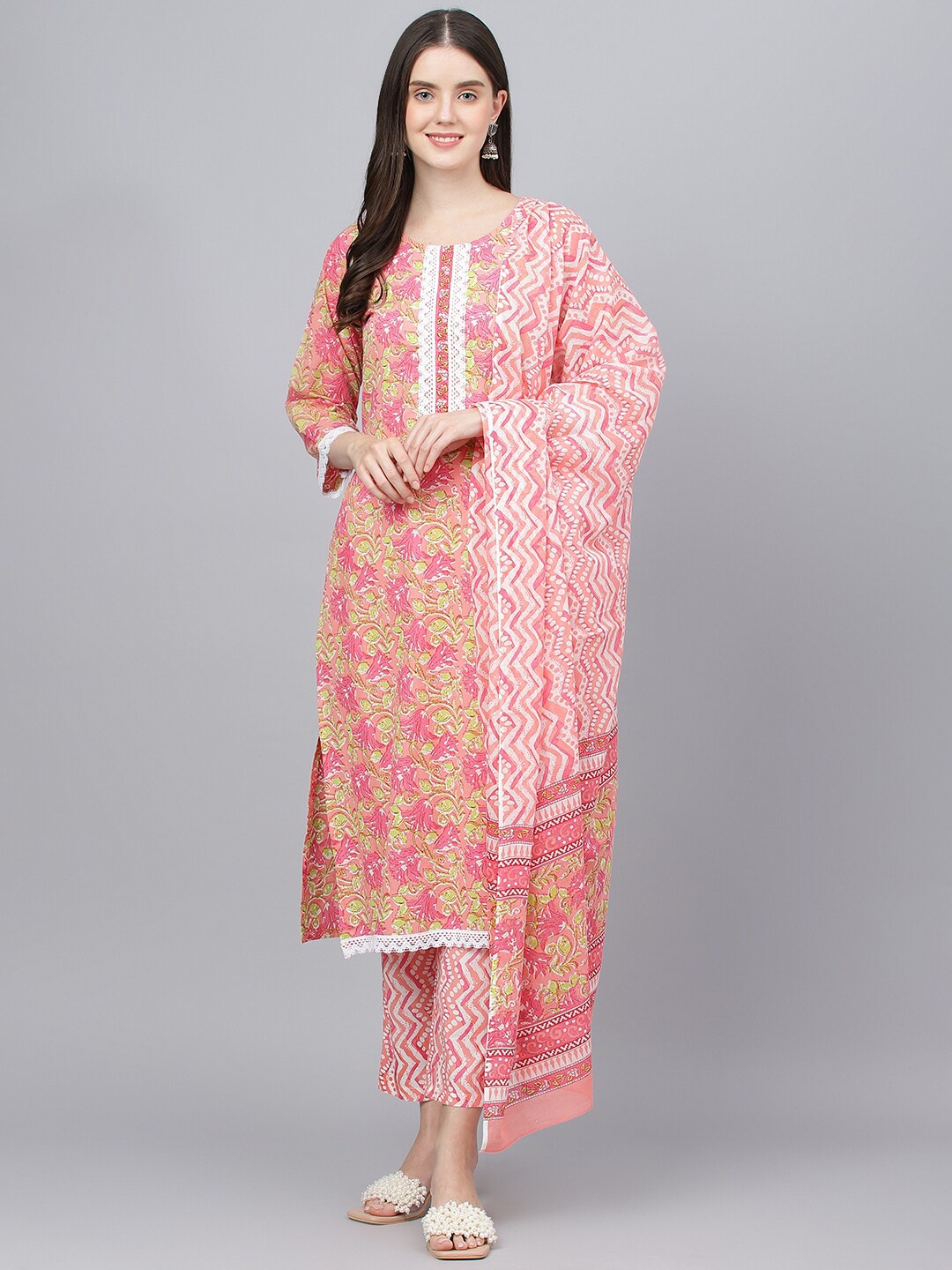 

KALINI Floral Printed Regular Pure Cotton Kurta With Trousers & Dupatta, Peach