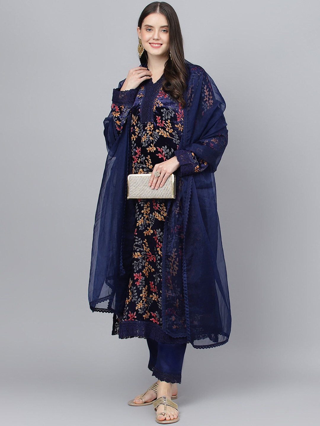 

KALINI Floral Printed Velvet Kurta With Trousers & Dupatta, Navy blue