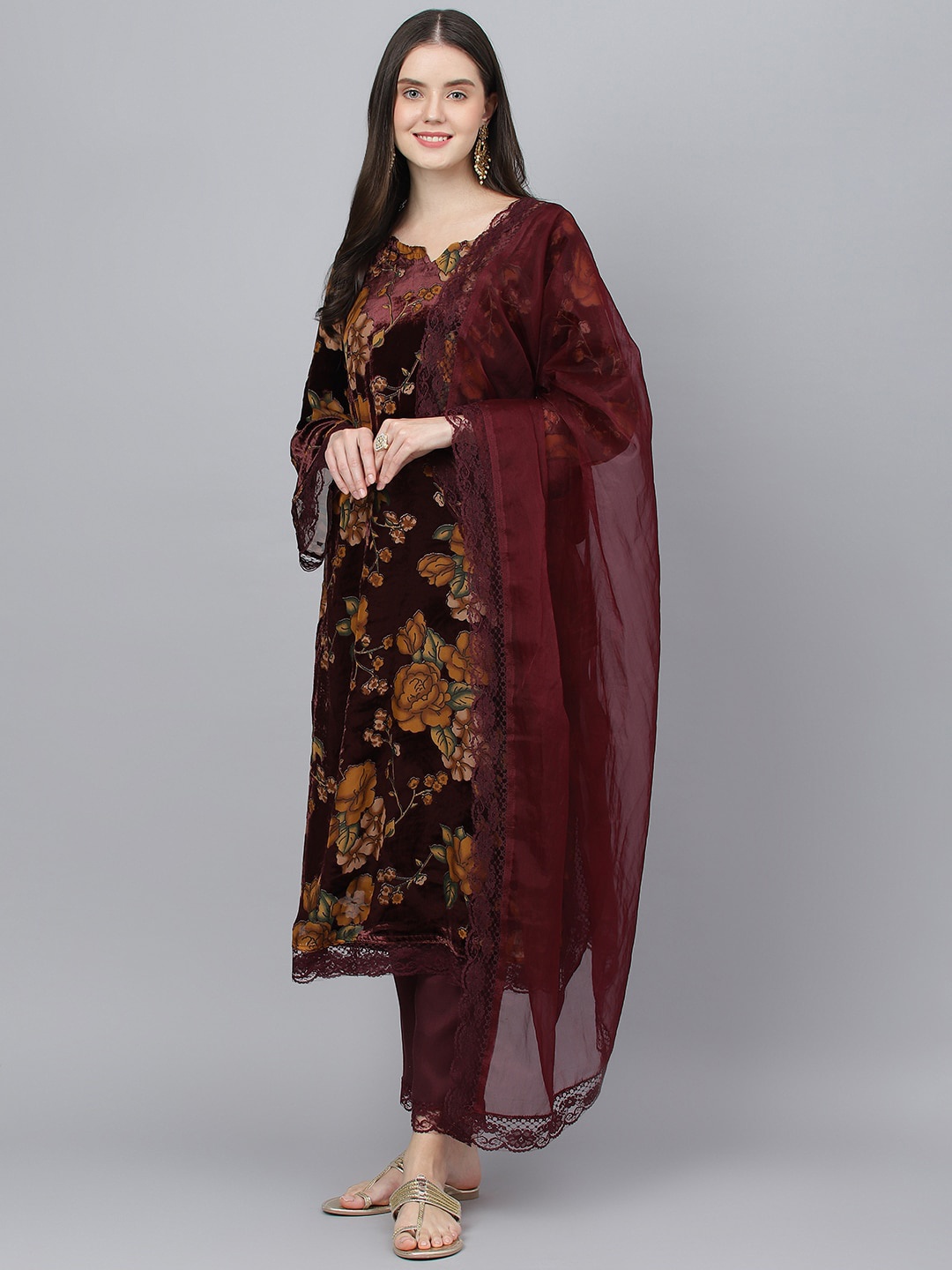 

KALINI Floral Printed Velvet Kurta With Trousers & Dupatta, Brown