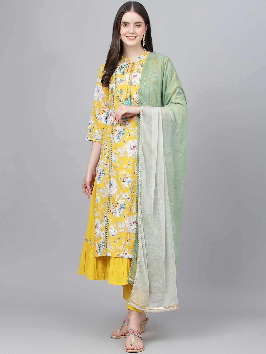 

KALINI Floral Printed Layered Tie Up Neck Pure Cotton Kurta With Trousers & Dupatta, Yellow