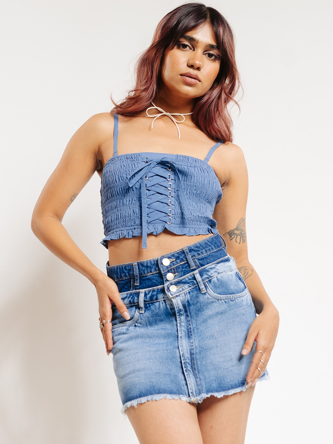 

FREAKINS Blue Pure Cotton Denim Straight Skirt