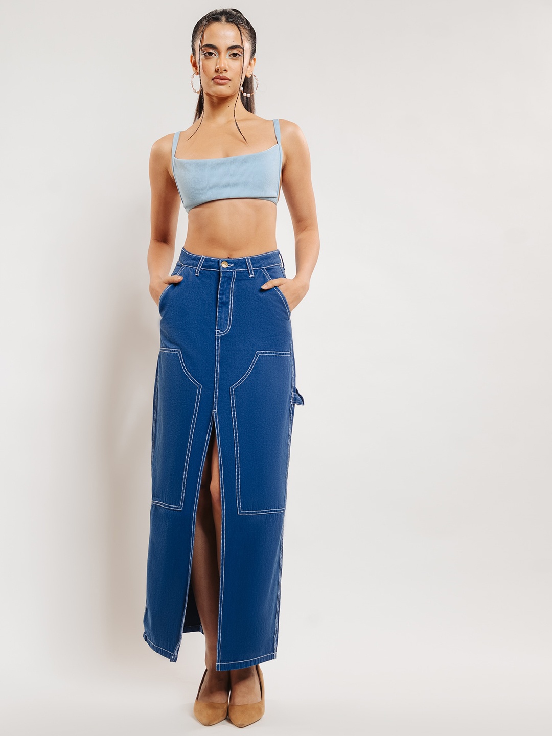 

FREAKINS Pure Cotton Straight Maxi Skirt, Blue