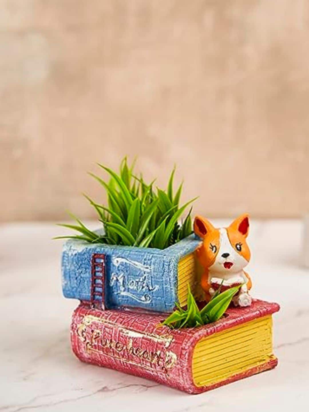 

DecorTwist Puppy With Book Resin Succulent Planter, Blue