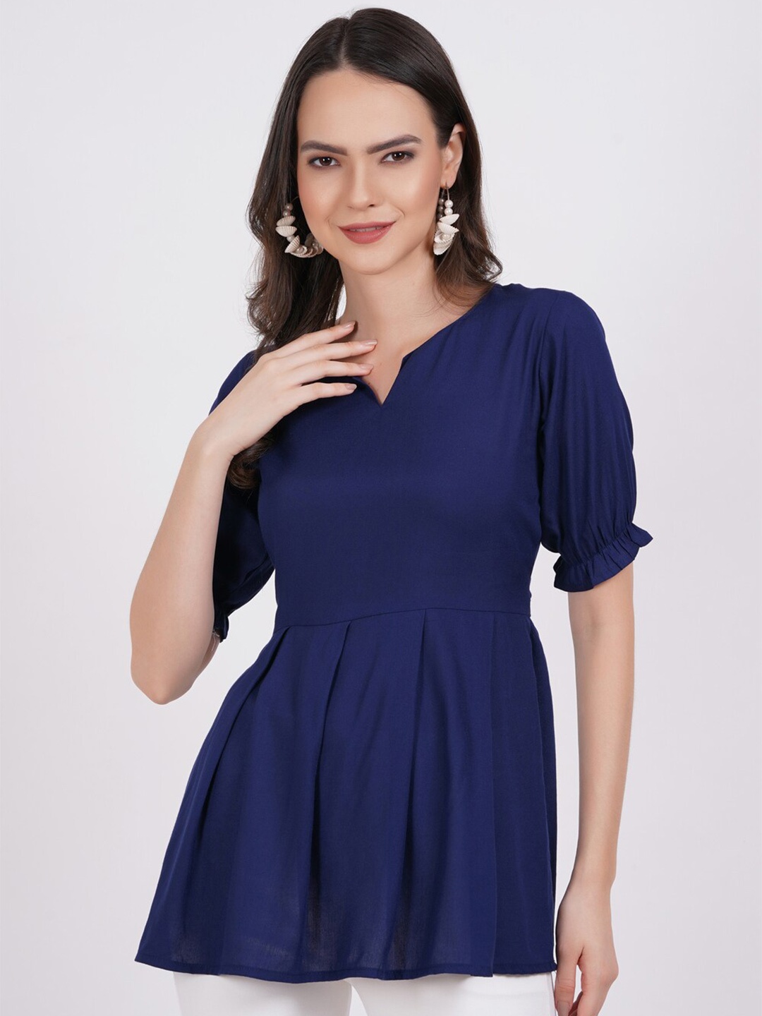

KALINI Puff Sleeves Pleated A-Line Kurti, Navy blue