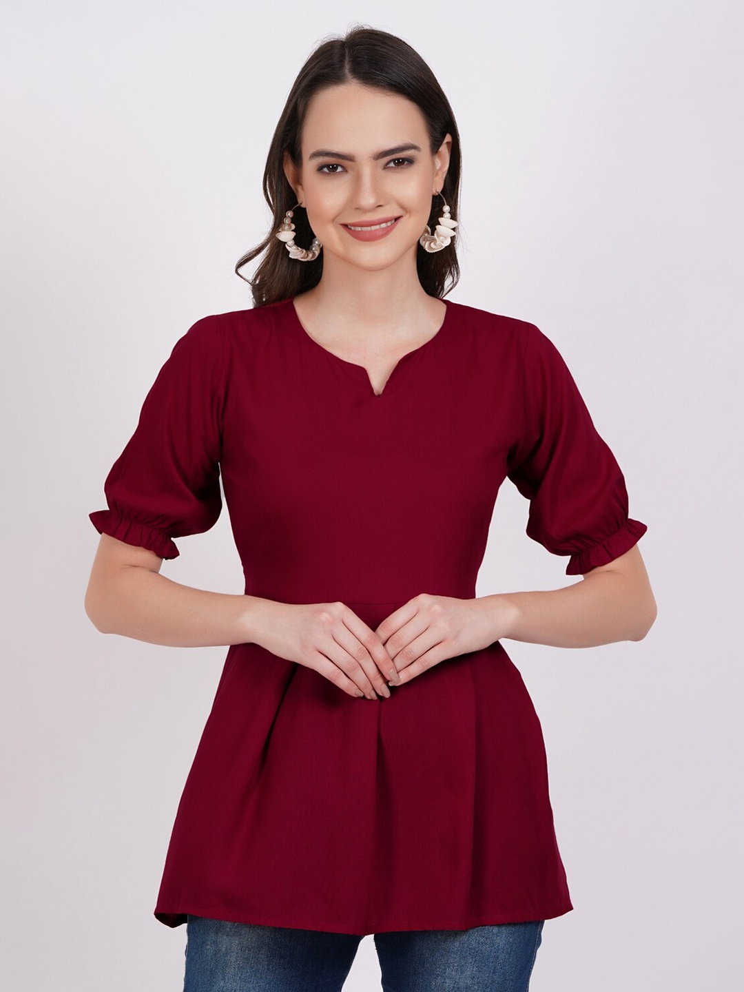 

KALINI Puff Sleeves Pleated A-Line Kurti, Burgundy