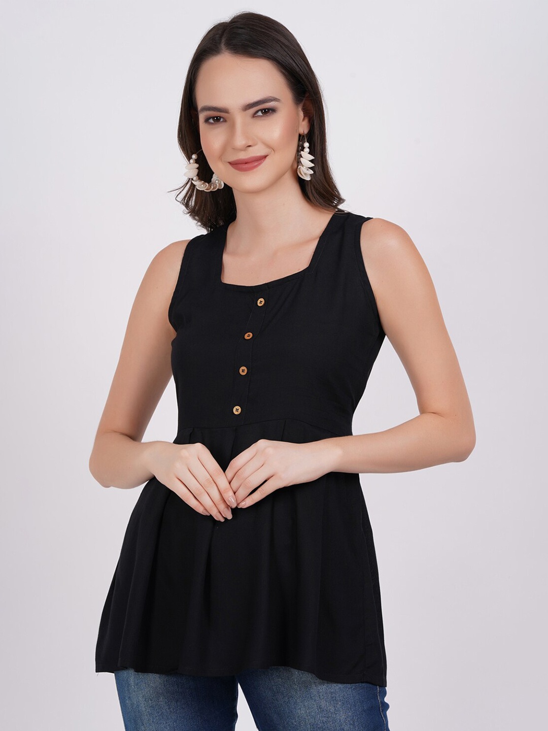 

KALINI Square Neck Pleated A-Line Kurti, Black