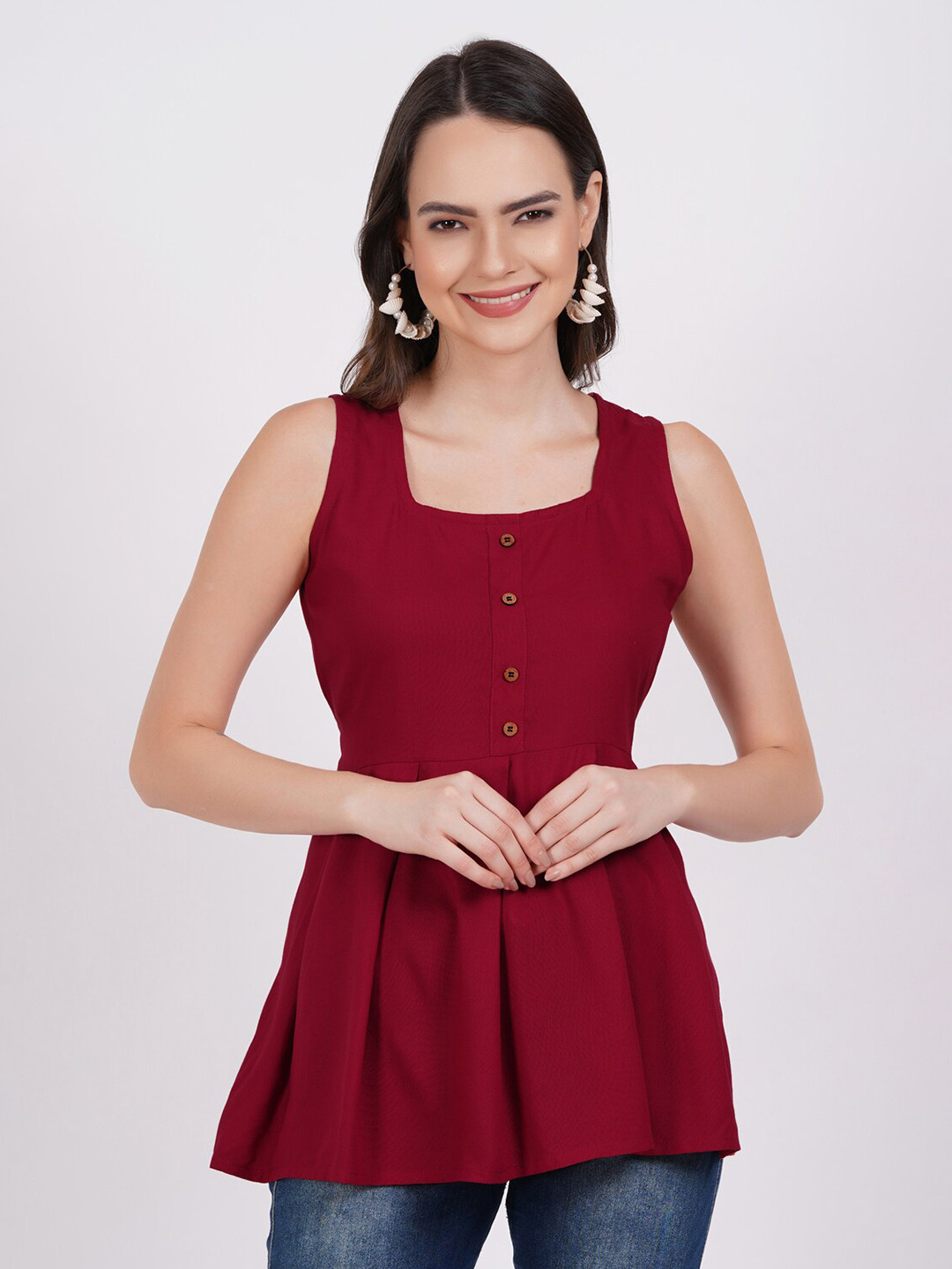 

KALINI Square Neck Pleated A-Line Kurti, Burgundy