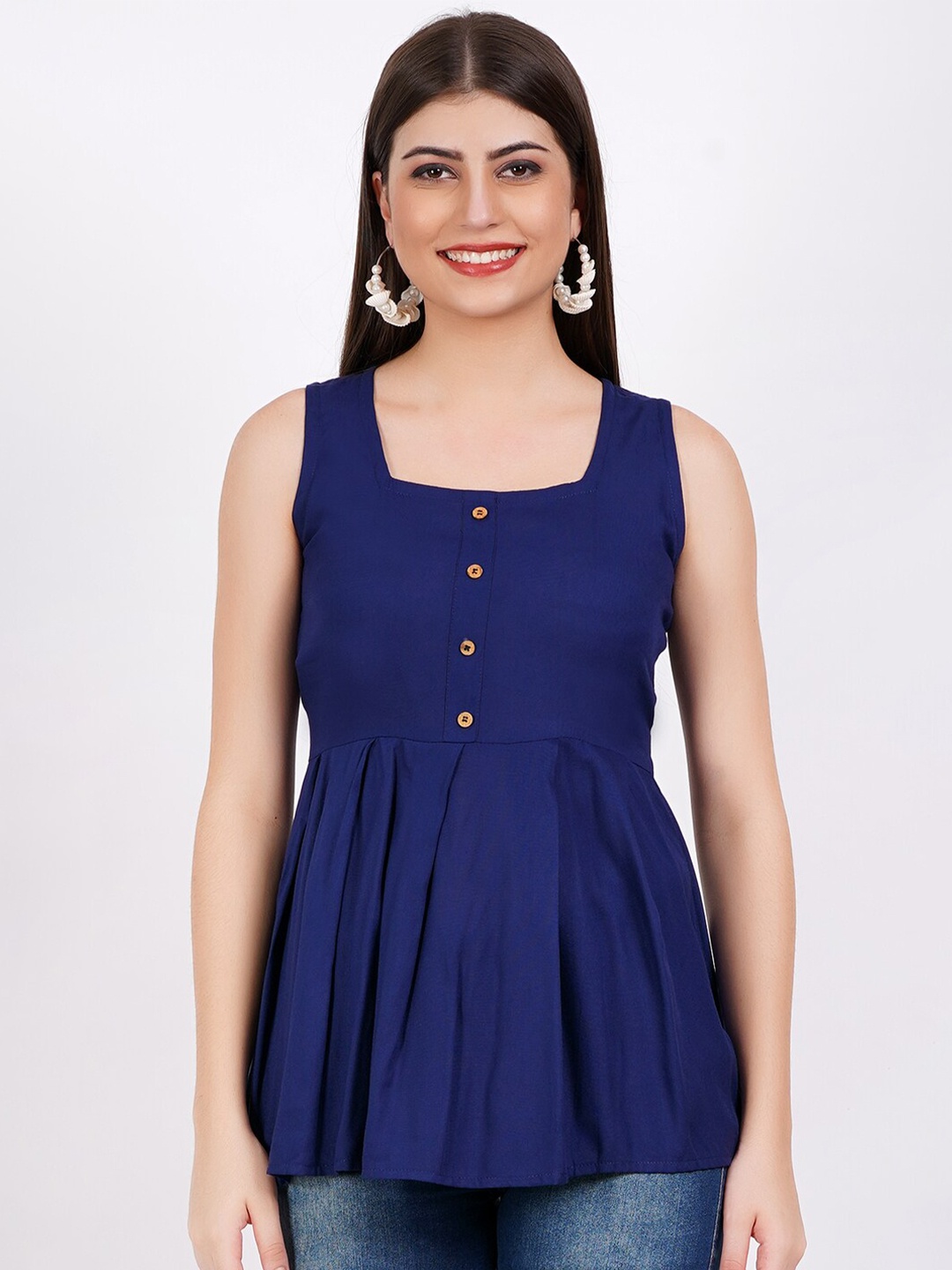

KALINI Square Neck Pleated A-Line Kurti, Navy blue