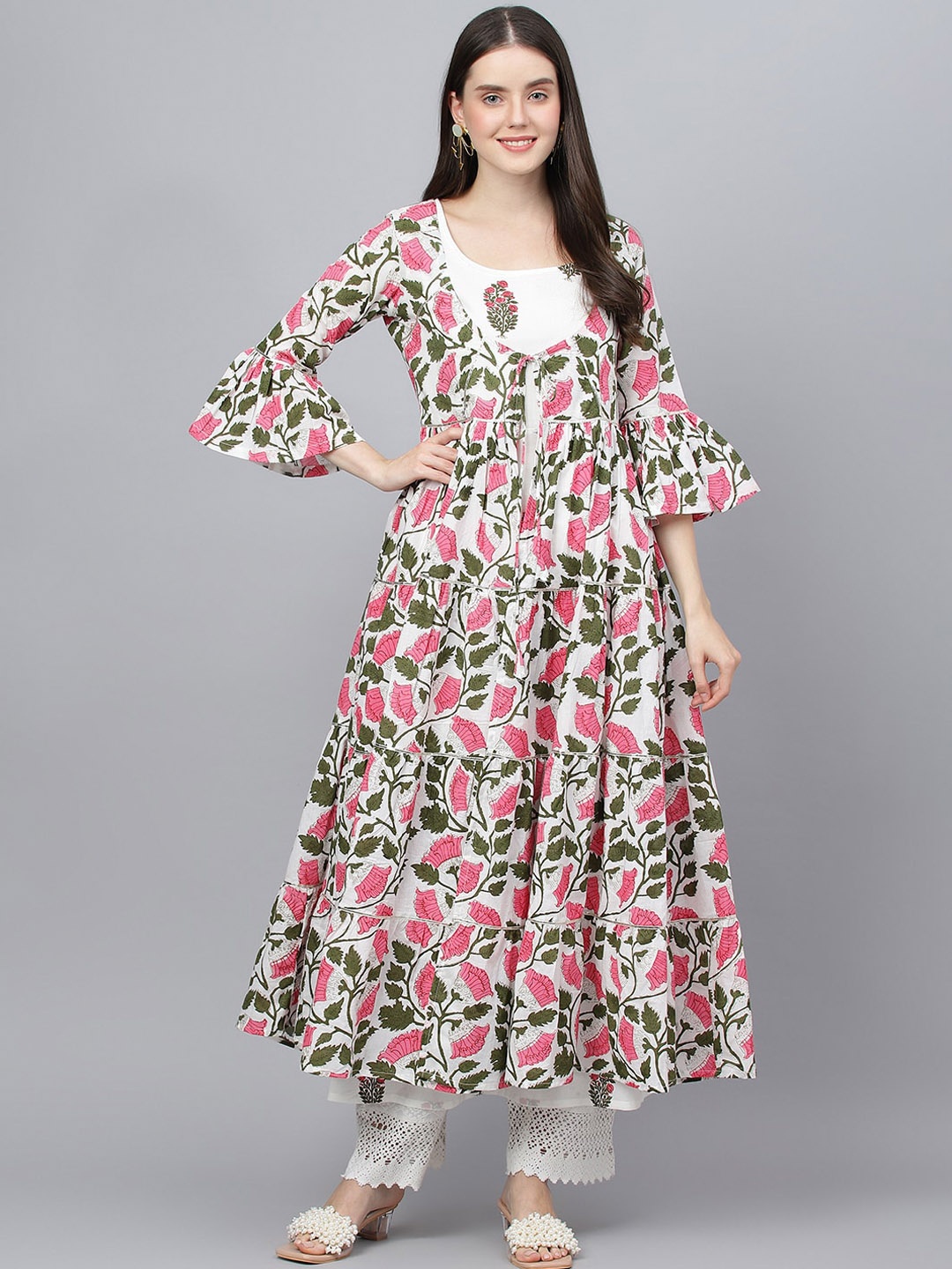 

KALINI Ethnic Motifs Printed Gotta Patti Anarkali Cotton Kurta With Jacket, White