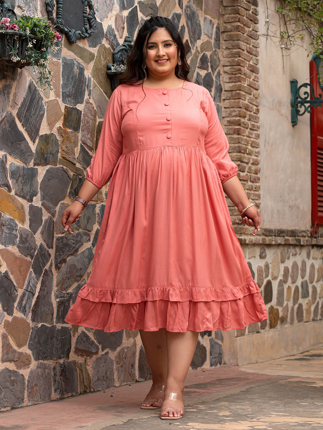 

DesiNoor.com Plus Size Round Neck Fit & Flare Midi Dress, Pink