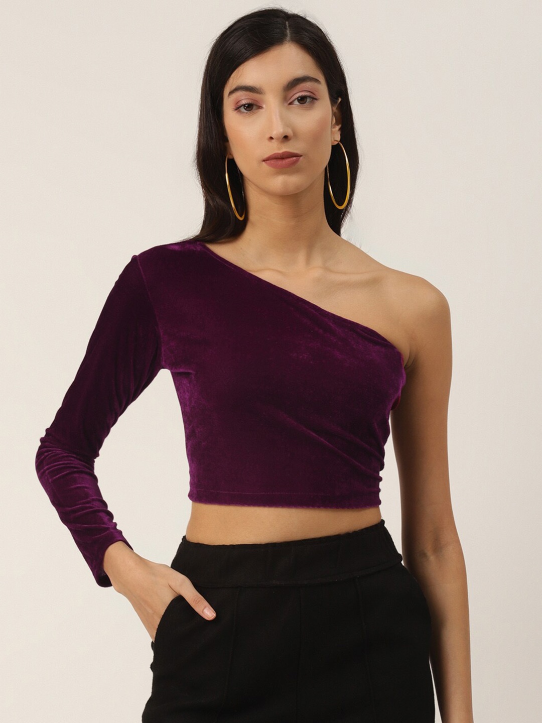 

Trend Arrest One Shoulder Velvet Fitted Crop Top, Purple