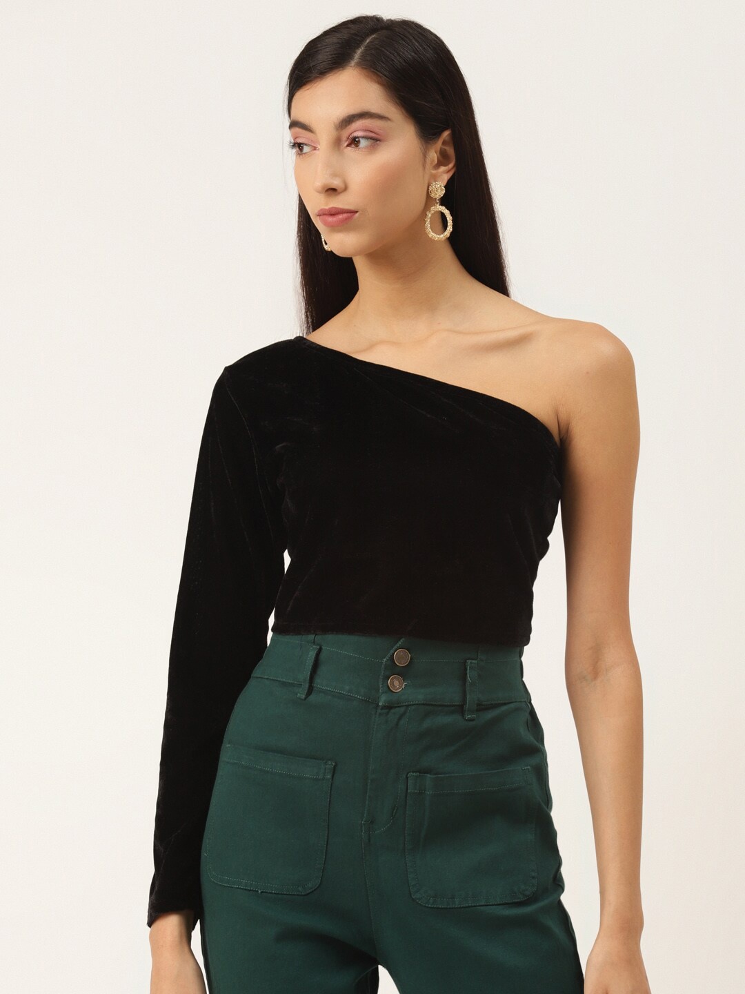 

Trend Arrest One Shoulder Velvet Crop Top, Black