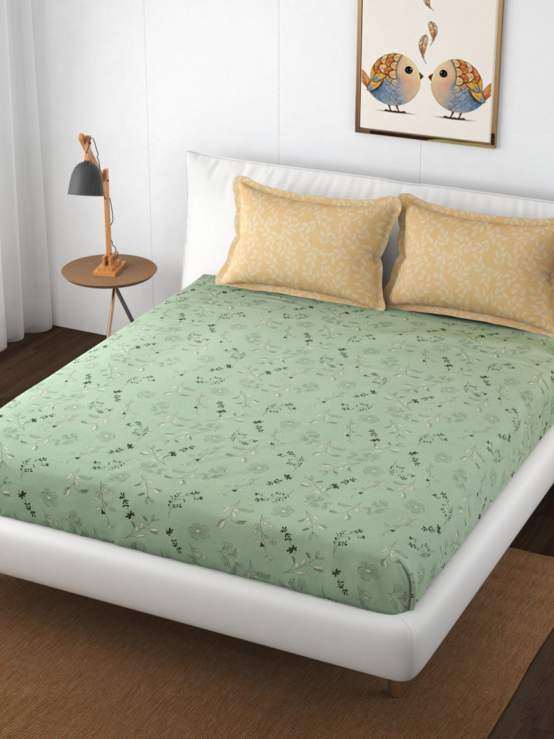 

Stuffique Green & Beige Floral 144 TC Queen Fitted Bedsheet With 2 Pillow Covers