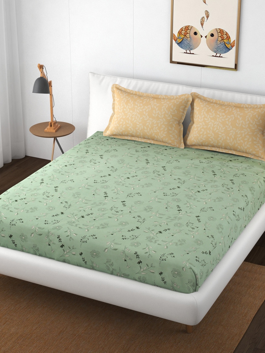 

Stuffique Green & Beige Floral 144 TC King Fitted Bedsheet With 2 Pillow Covers