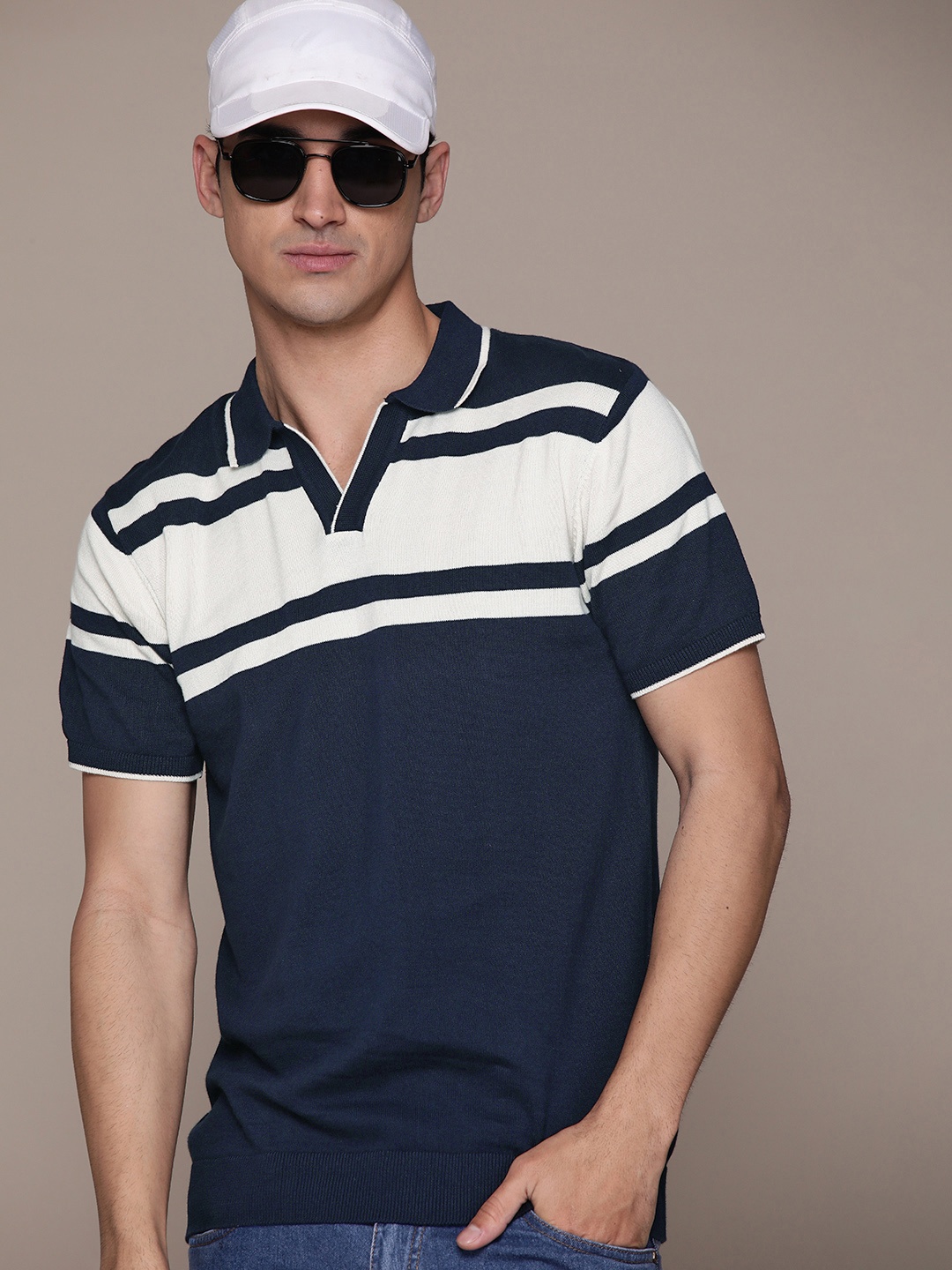 

The Roadster Lifestyle Co. Men Striped Polo Collar Pure Cotton T-shirt, Navy blue