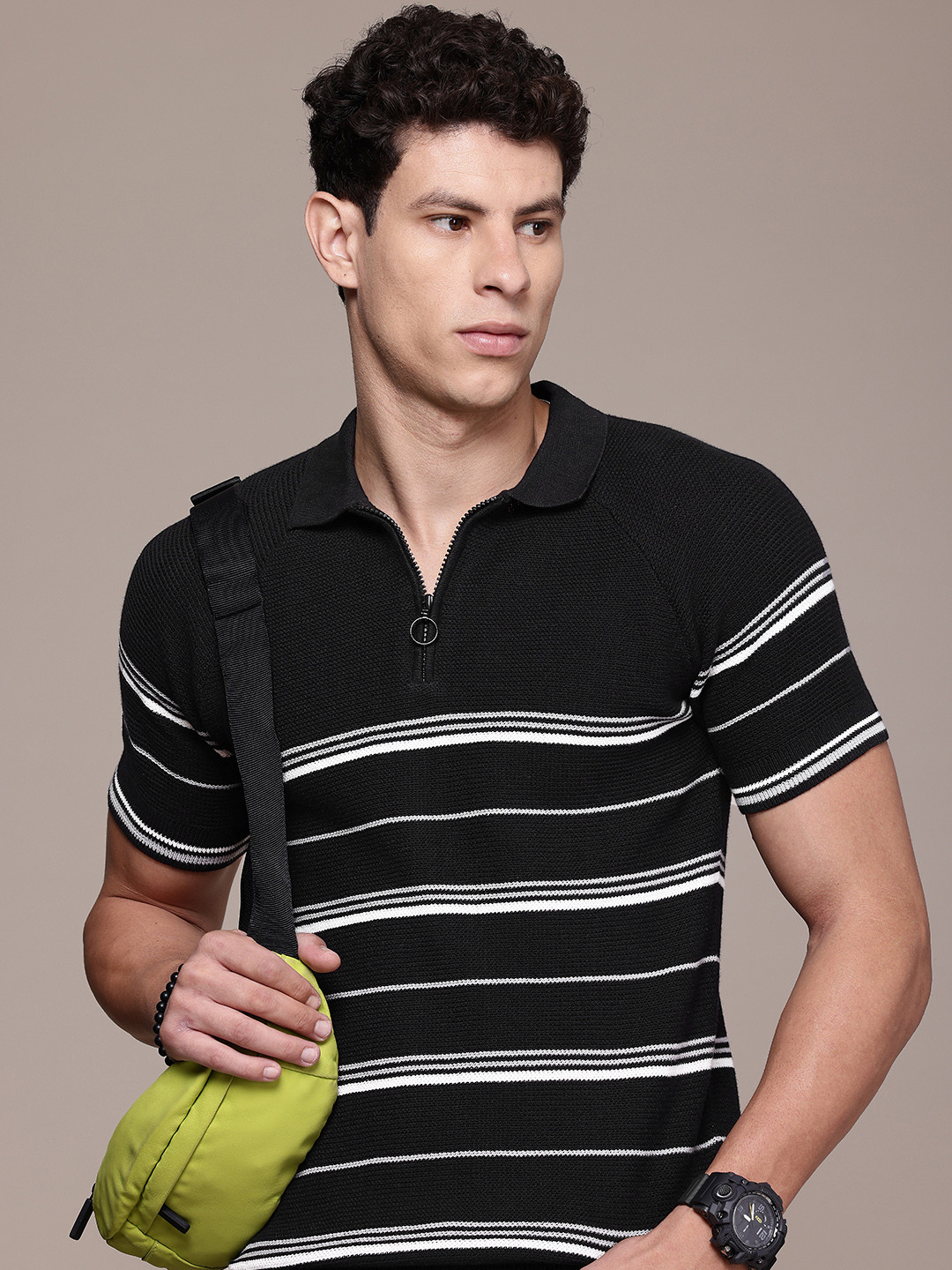 

Roadster The Lifestyle Co. Pure Cotton Striped Polo Collar Knitted T-shirt, Black