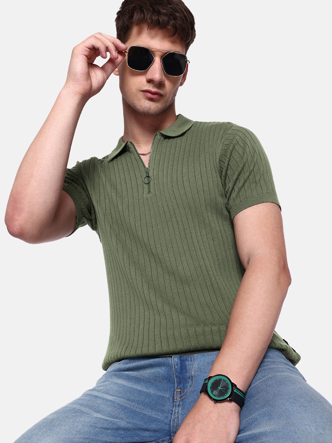 

The Roadster Lifestyle Co. Men Self-Striped Polo Collar Pure Cotton T-shirt, Olive