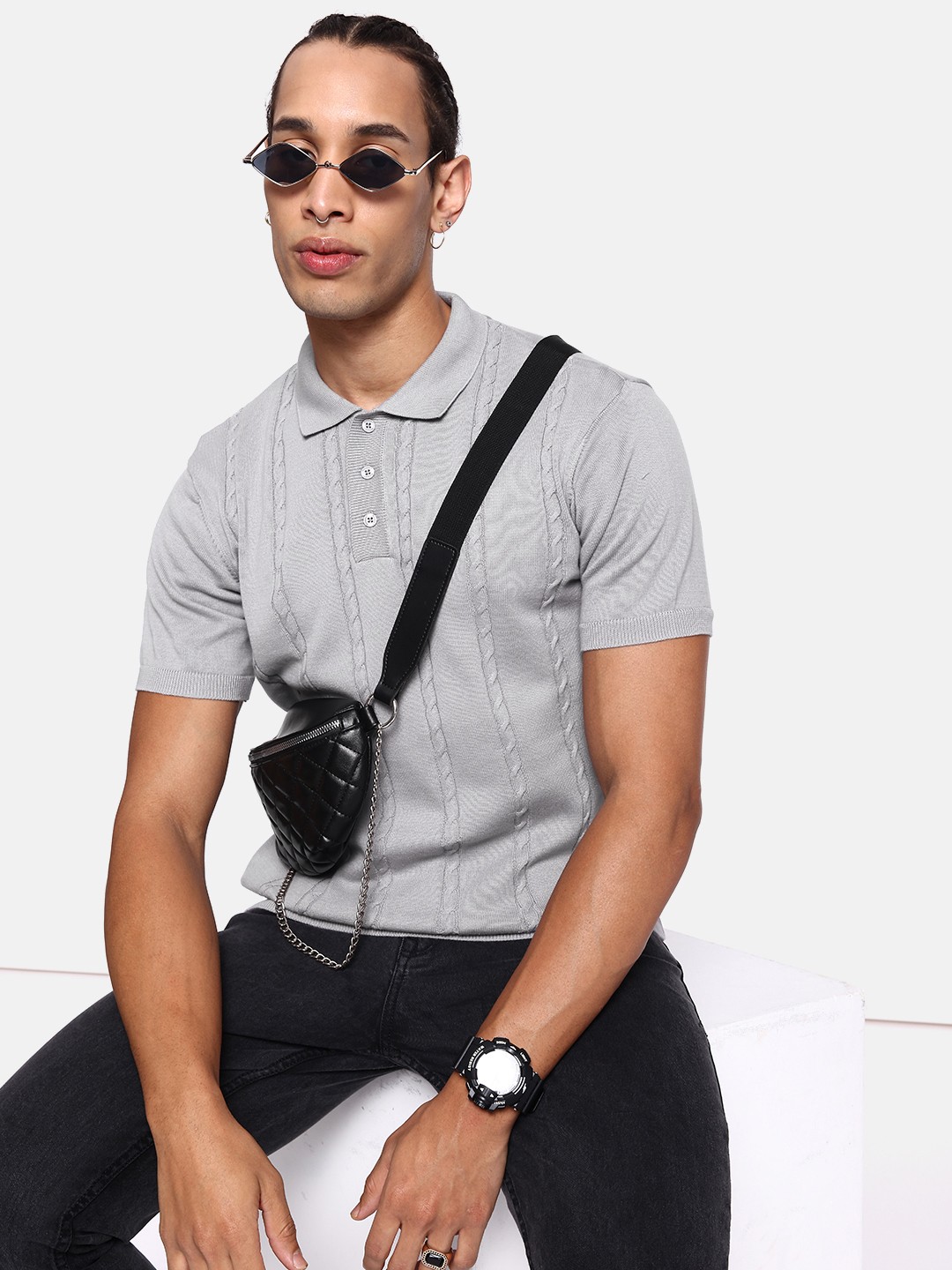 

The Roadster Life Co. Self Design Polo Collar Pure Cotton T-shirt, Grey