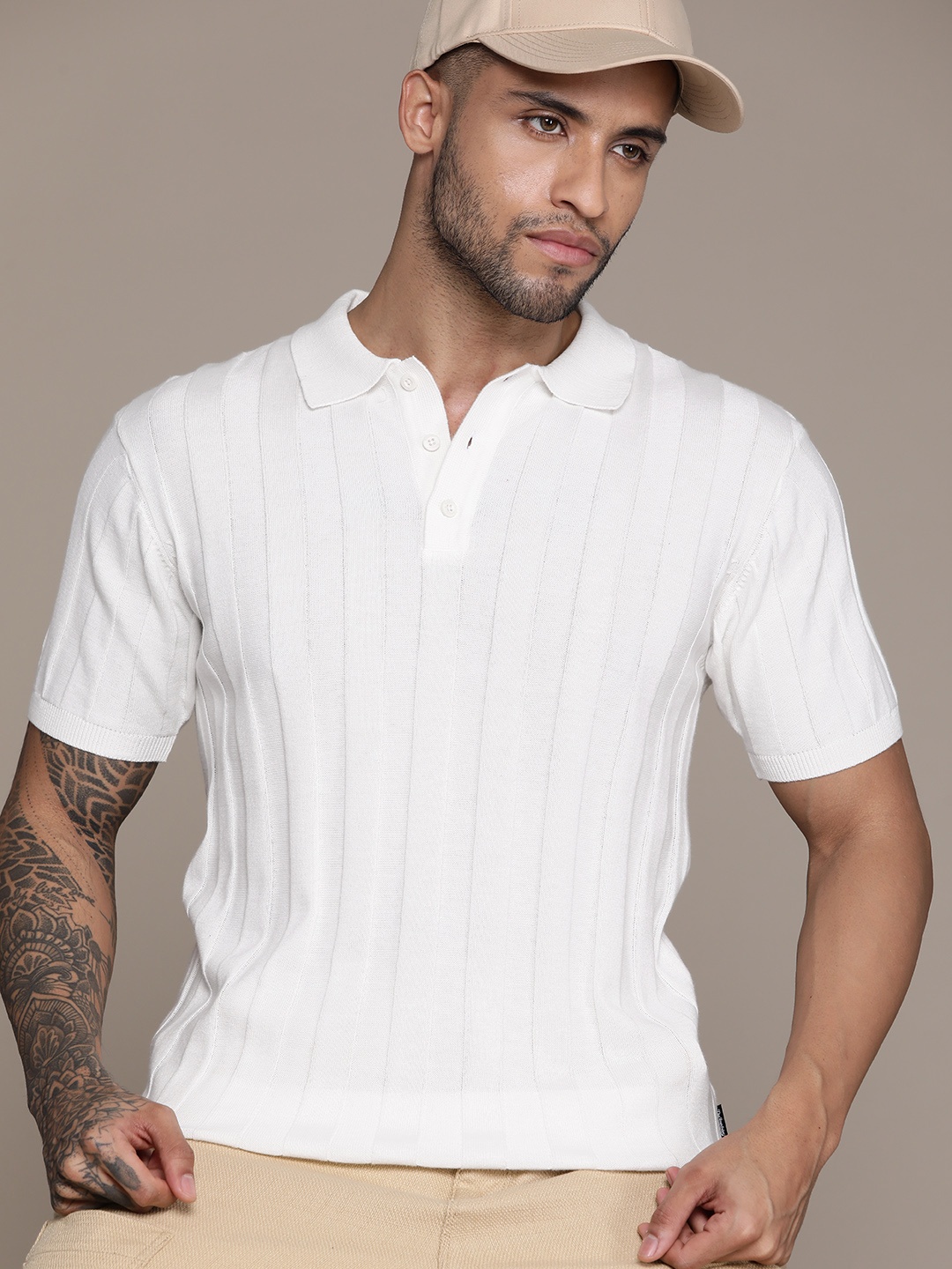 

The Roadster Lifestyle Co. Ribbed Pure Cotton Polo Collar T-shirt, White