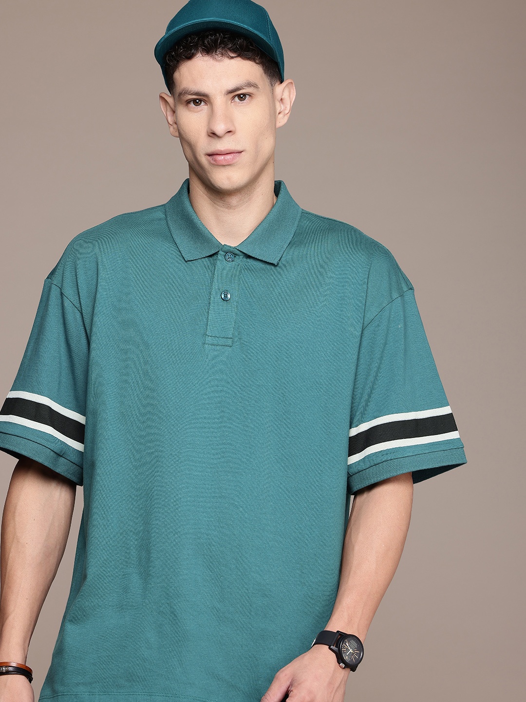 

The Roadster Life Co. Polo Collar Drop-Shoulder Sleeves Relaxed Fit Pure Cotton T-shirt, Teal