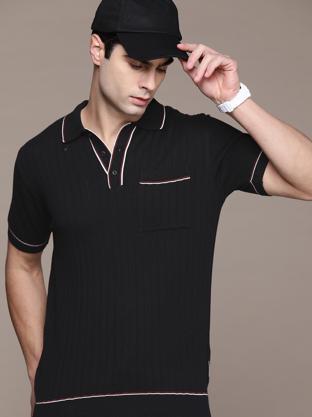 

The Roadster Lifestyle Co. Ribbed Pure Cotton T-shirt, Black