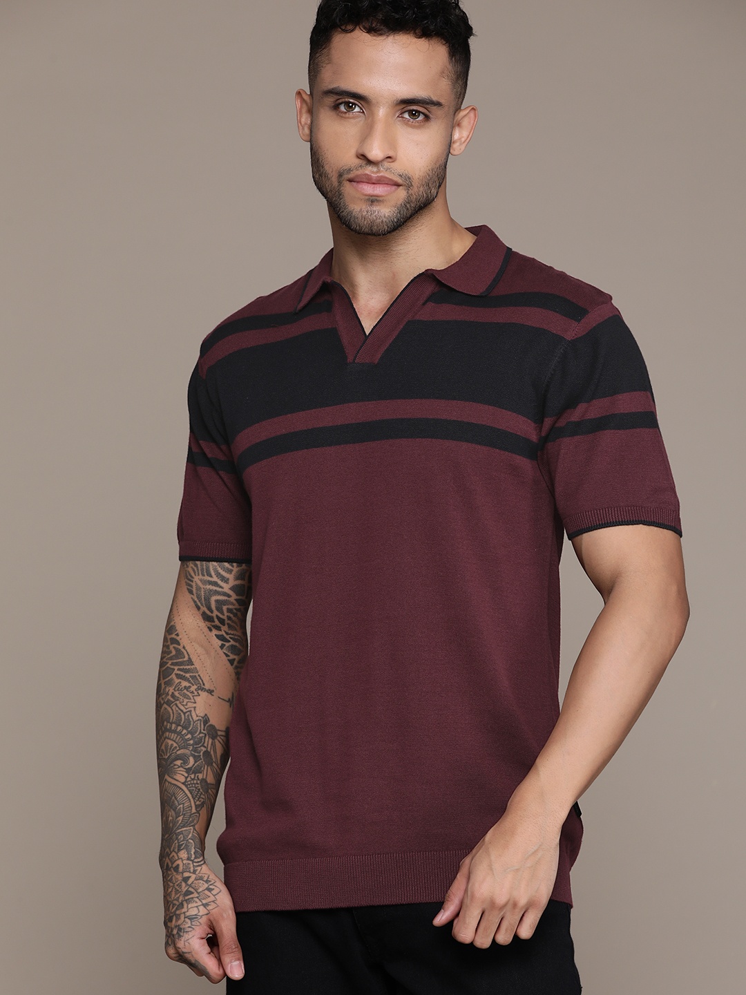 

The Roadster Lifestyle Co. Striped Pure Cotton Polo Collar T-shirt, Maroon